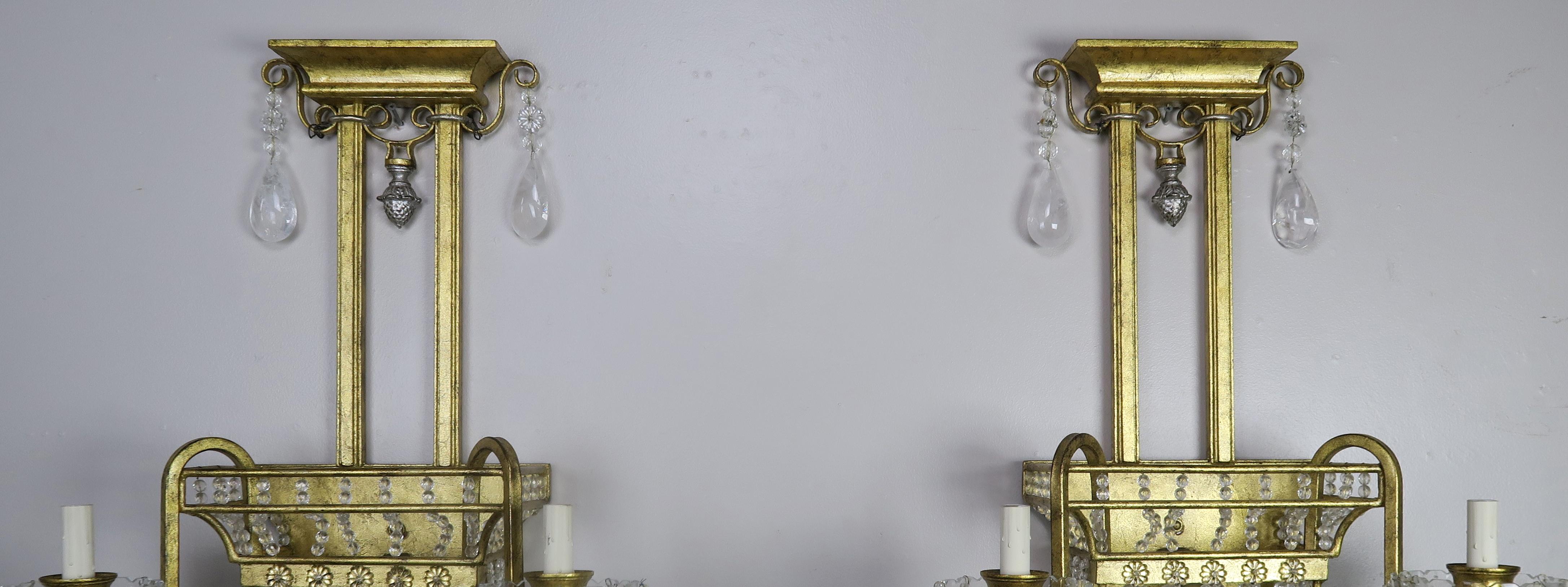 Louis XV Pair of French Bronze and Rock Crystal 2-Light Sconces For Sale