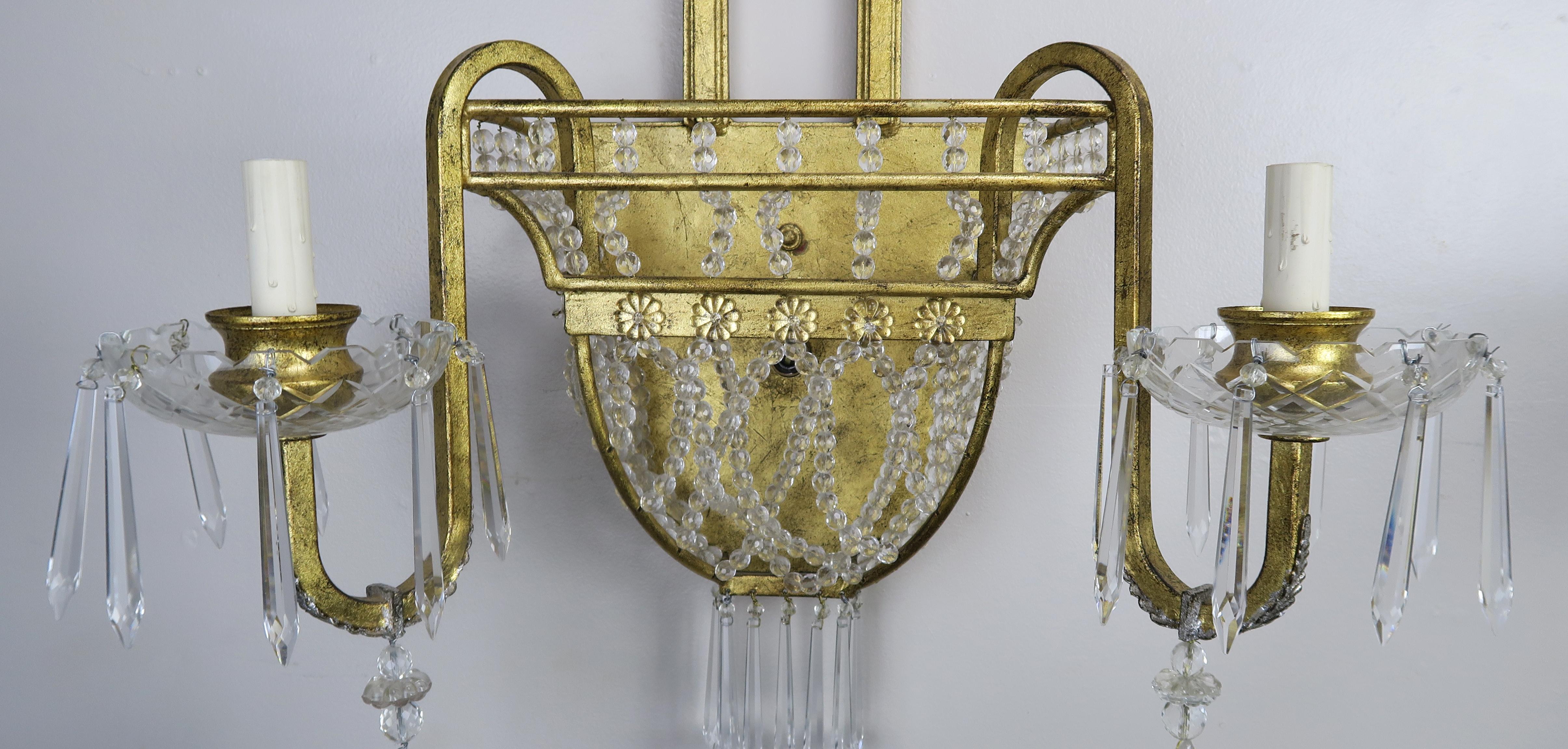 Pair of French Bronze and Rock Crystal 2-Light Sconces In Good Condition For Sale In Los Angeles, CA