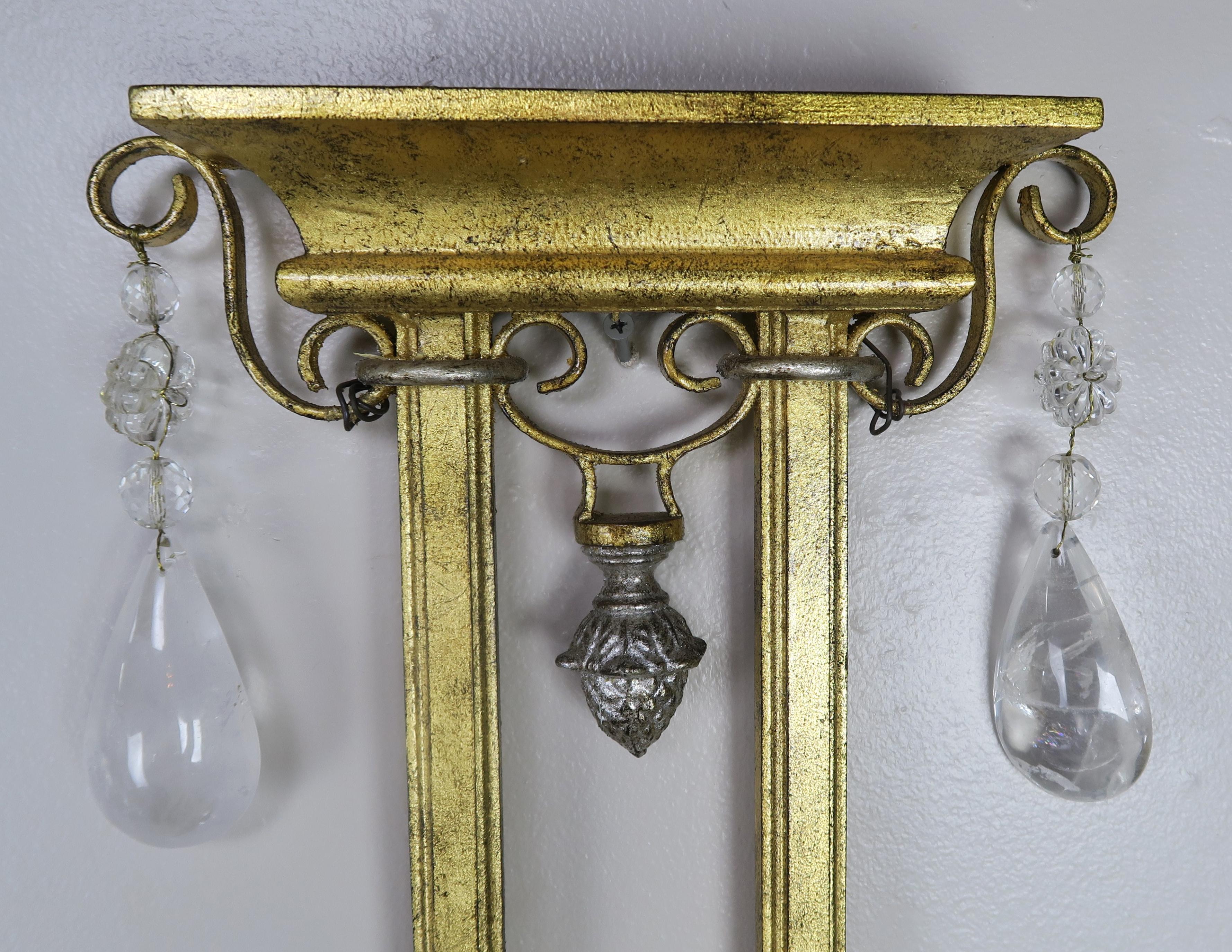 Pair of French Bronze and Rock Crystal 2-Light Sconces For Sale 2