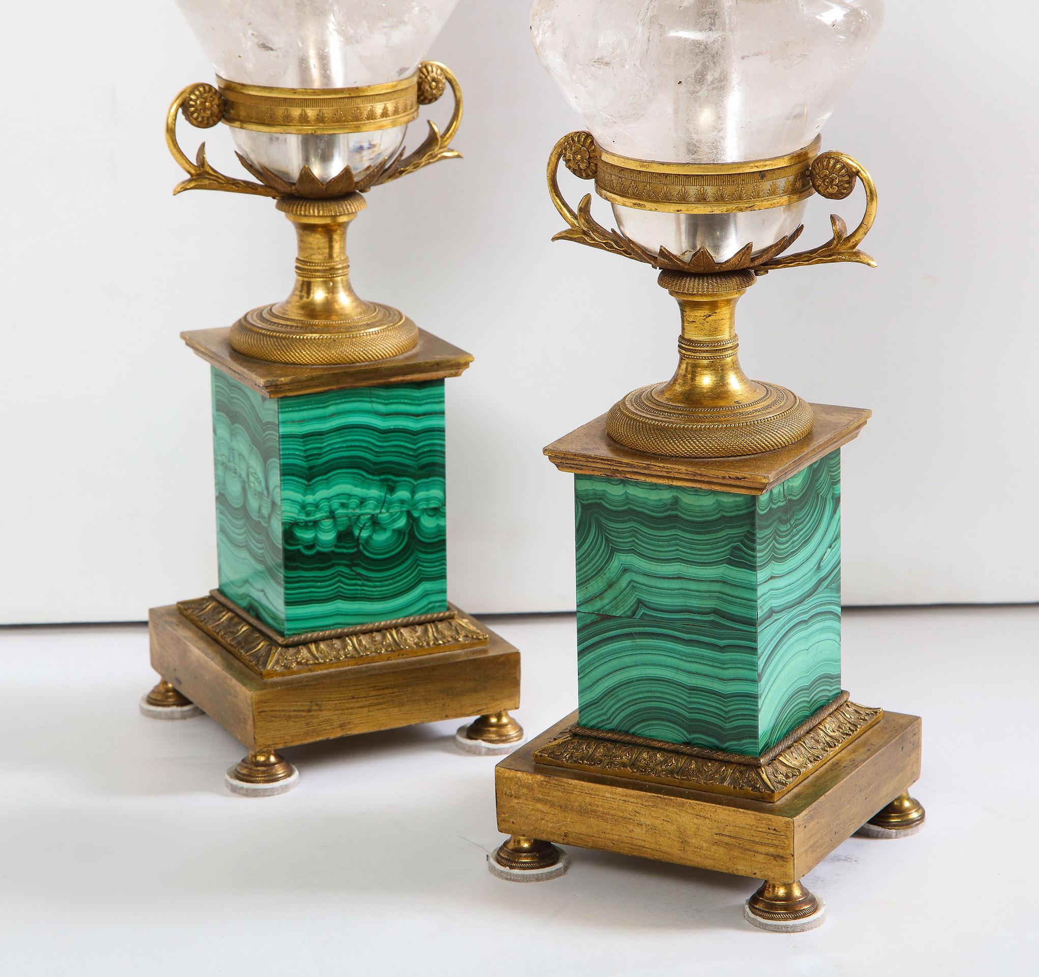 Pair of French Bronze, Rock Crystal and Malachite Lamps 7