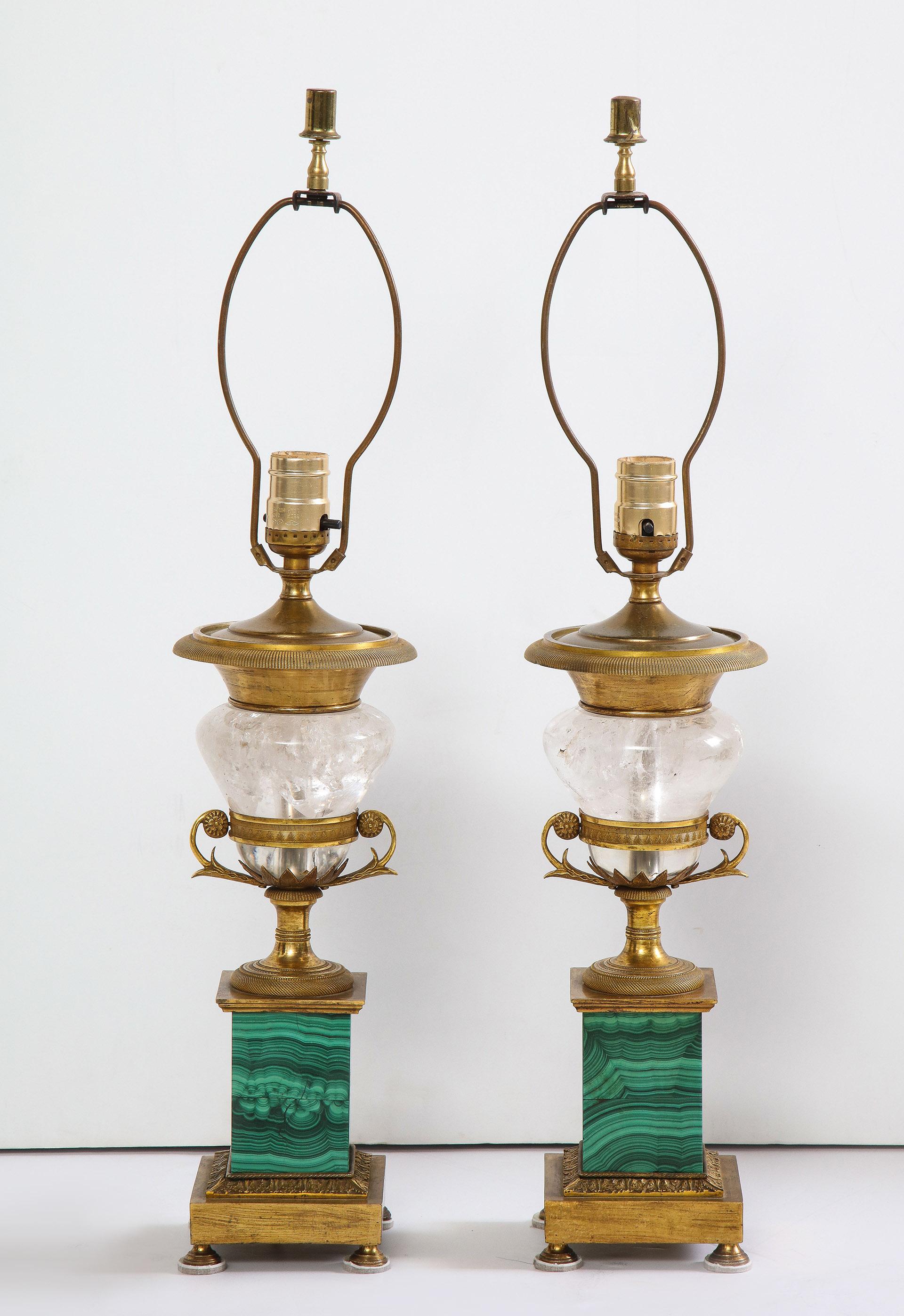 Pair of French Bronze, Rock Crystal and Malachite Lamps In Good Condition In New York, NY
