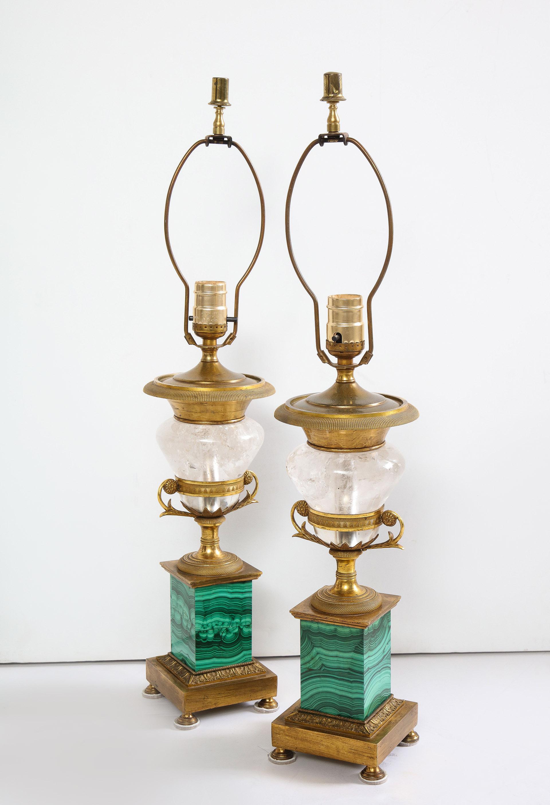 19th Century Pair of French Bronze, Rock Crystal and Malachite Lamps