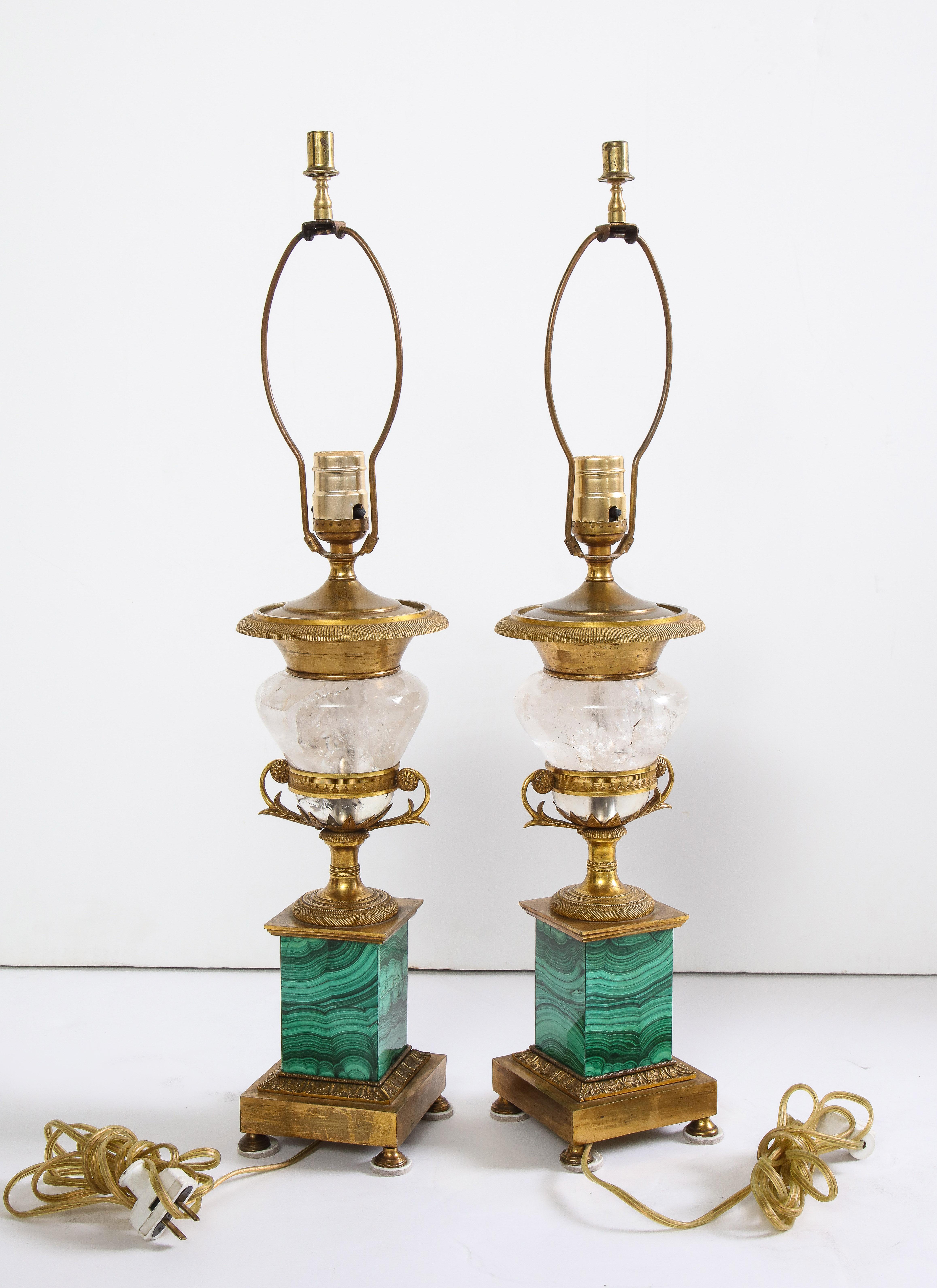 Pair of French Bronze, Rock Crystal and Malachite Lamps 1