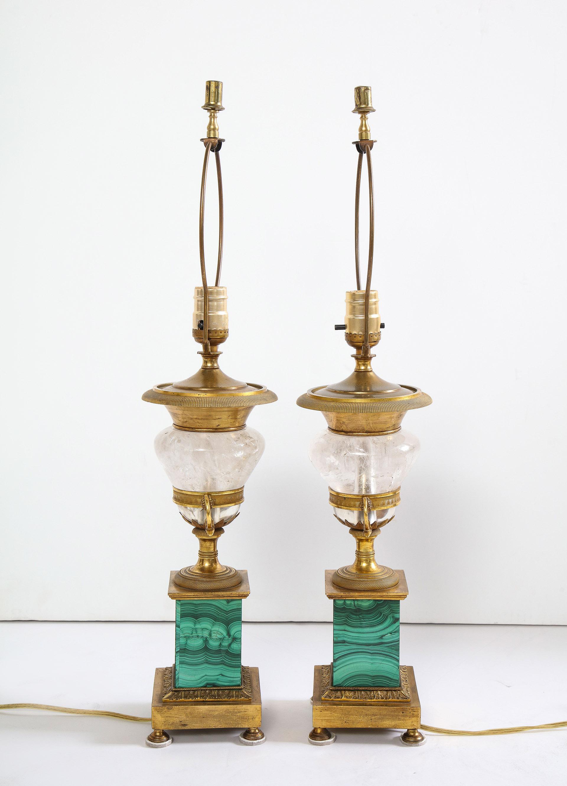 Pair of French Bronze, Rock Crystal and Malachite Lamps 2