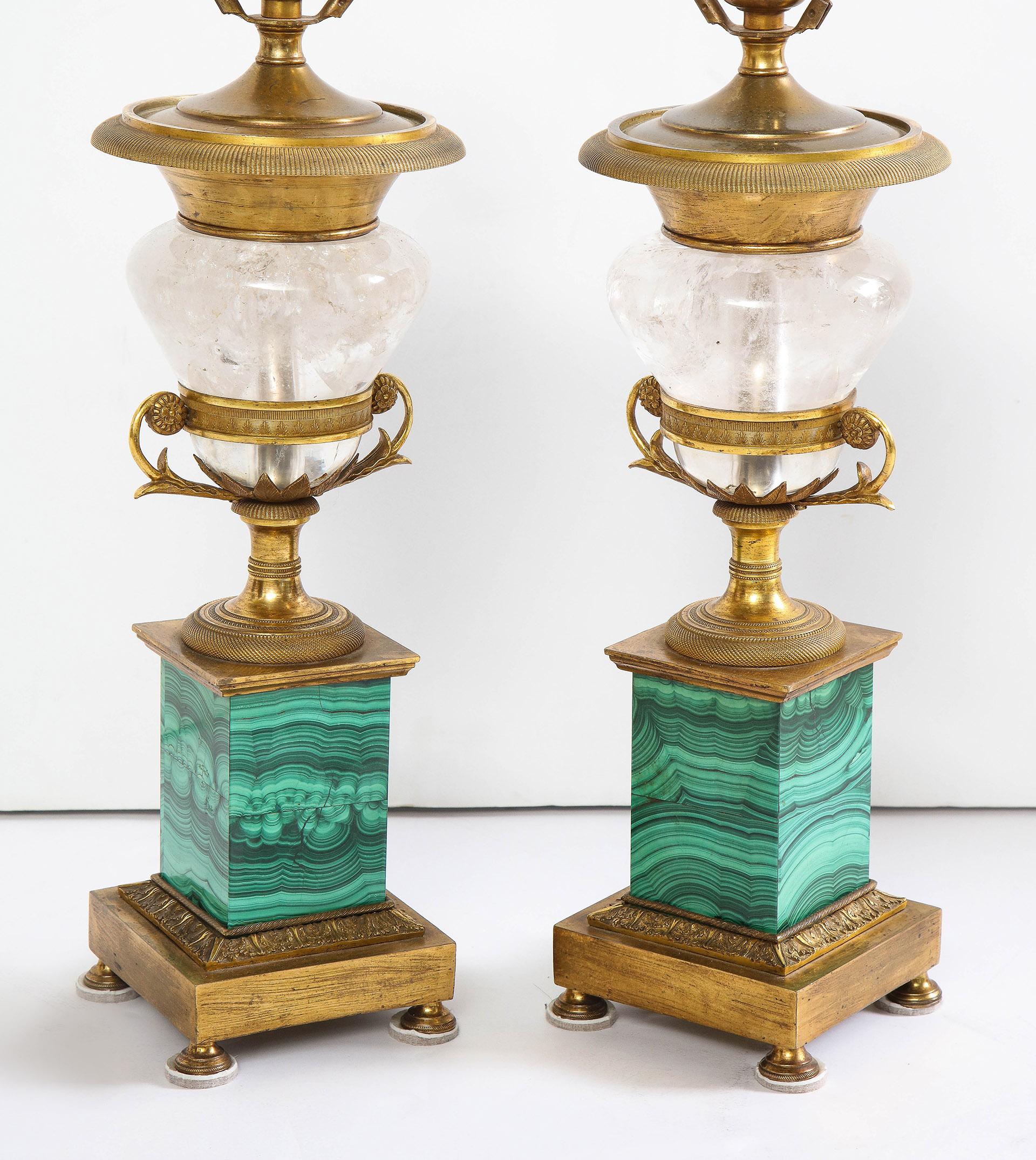 Pair of French Bronze, Rock Crystal and Malachite Lamps 3