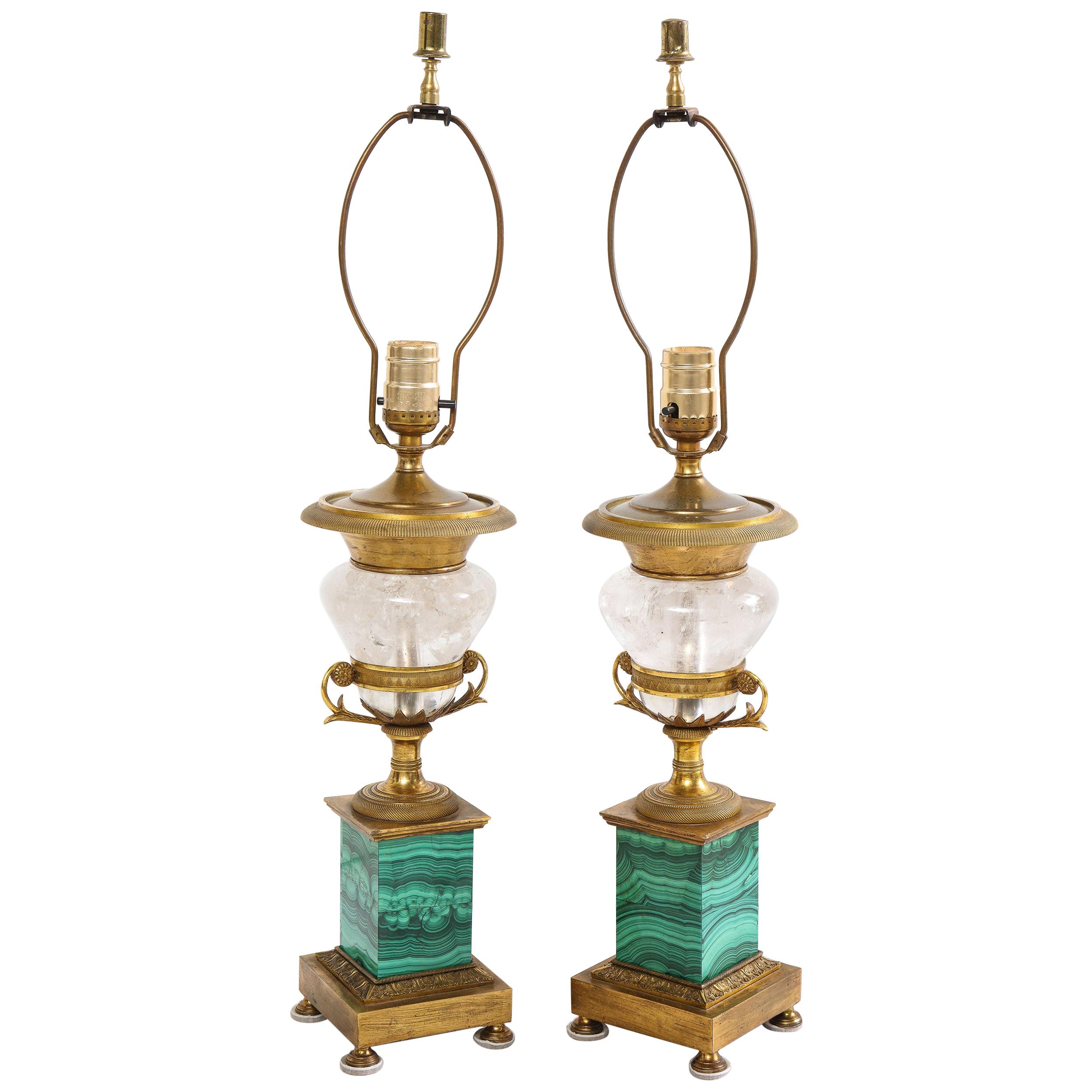 Pair of French Bronze, Rock Crystal and Malachite Lamps