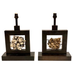 Pair of French Bronze & Rock Crystal Mineral Geode Table Lamps, Marc Du Plantier