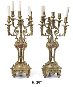 Pair of French Bronze and Rouge Marble Candelabra, 19th Century