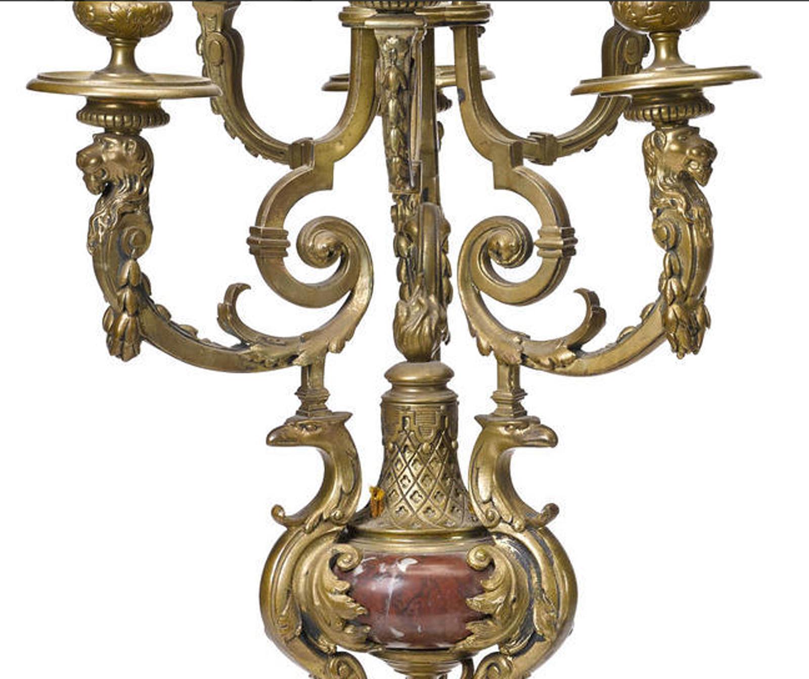 Louis XV Pair of French Bronze and Rouge Marble Candelabra, 19th Century For Sale
