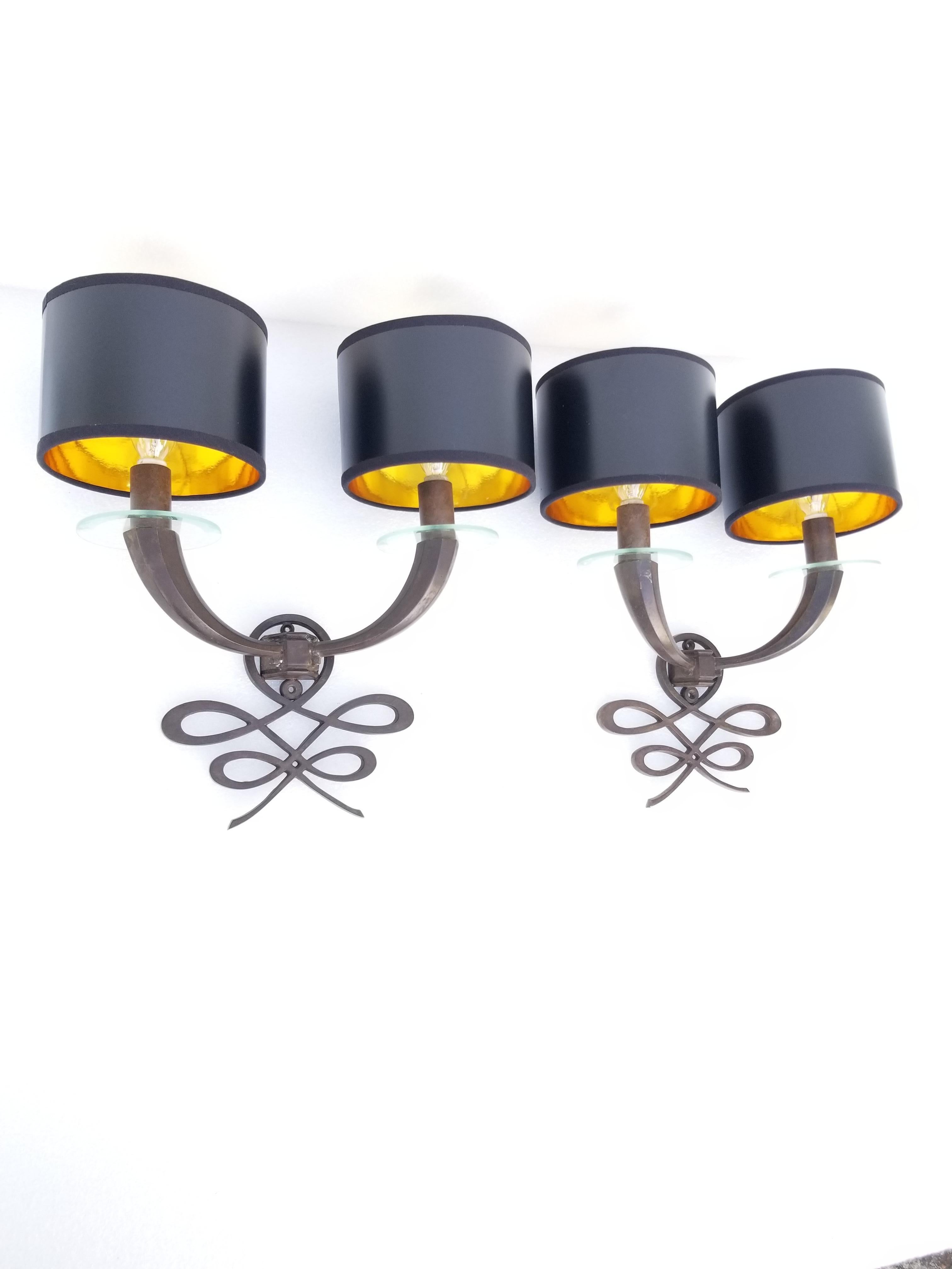 Pair of French Bronze Sconces in the Leleu Style, 2 Pairs Available In Good Condition For Sale In Miami, FL
