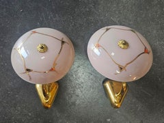 Pair of French Bronze Sconces with Powder Pink Glass Shades, France 1950s