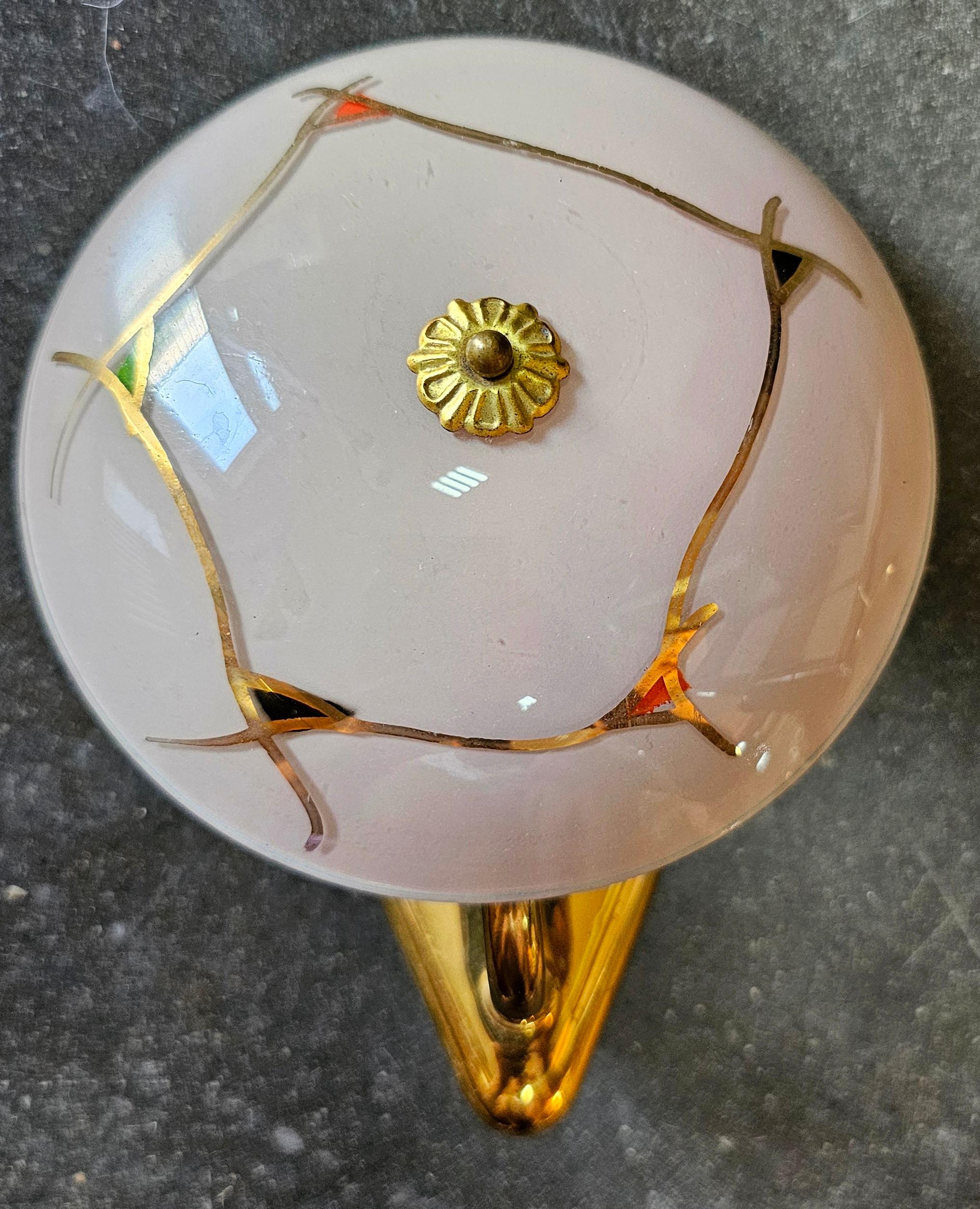 Pair of French Bronze Sconces with Powder Pink Glass Shades, France 1950s In Good Condition For Sale In Beograd, RS