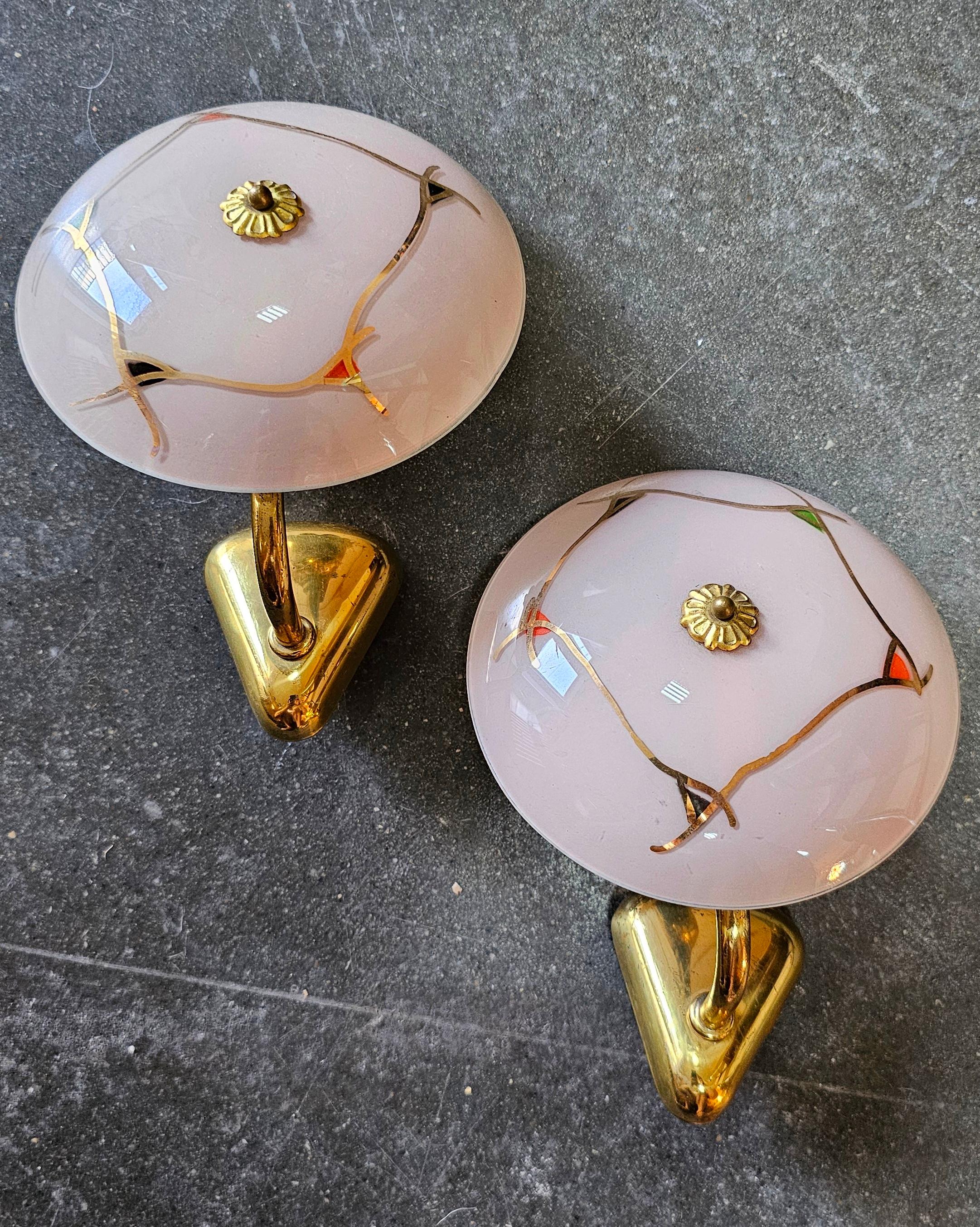 Mid-20th Century Pair of French Bronze Sconces with Powder Pink Glass Shades, France 1950s For Sale