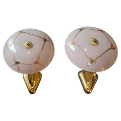 Pair of French Bronze Sconces with Powder Pink Glass Shades, France 1950s