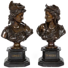 Paar französische Bronzeskulpturenbüsten Komödie und Tragödie von Eugene Laurent