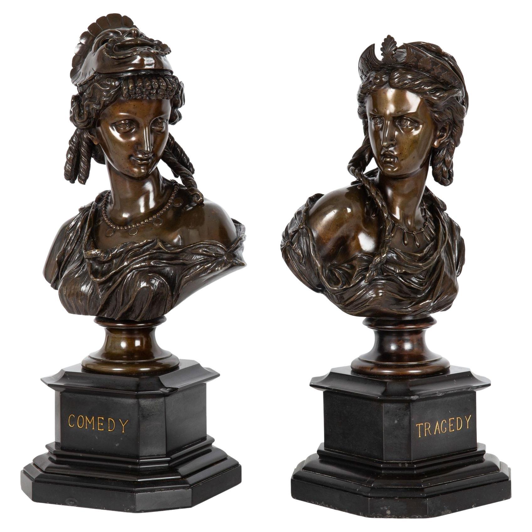 Pair of French Bronze Sculptures Busts “Comedy & Tragedy” by Eugene Laurent For Sale