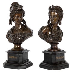 Pair of French Bronze Sculptures Busts “Comedy & Tragedy” by Eugene Laurent