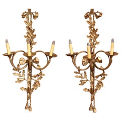 Used Pair of French Bronze Three-Arm Horn Wall Sconces with Bow and Hunt Motifs