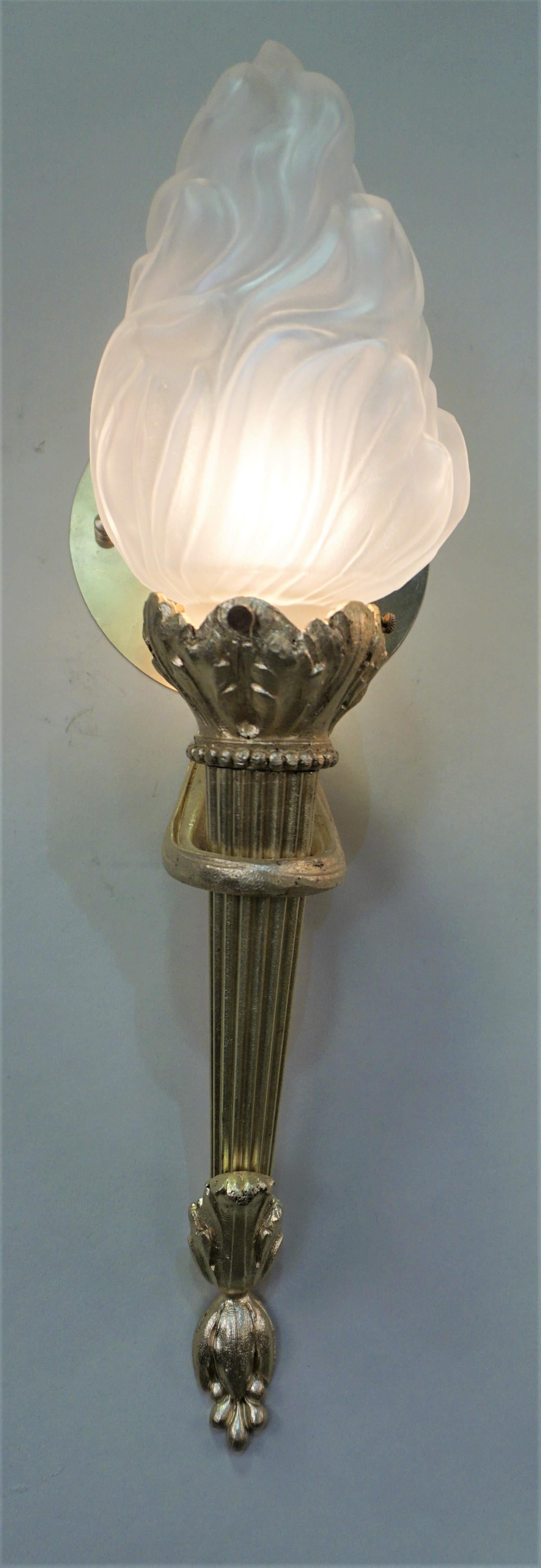 Mid-20th Century Pair of French Bronze Torchiere Wall Sconces