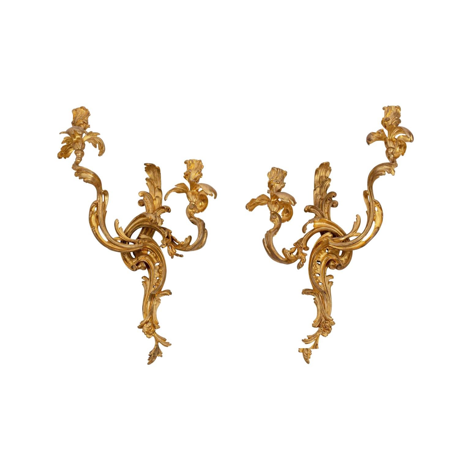 Pair of French Bronze Two-Light Sconces