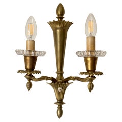 Pair of French Bronze Wall Sconces with Signed Baccarat Bobeches, ca. 1940s