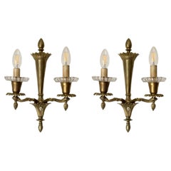 Pair of French Bronze Wall Sconces with Signed Baccarat Bobeches, ca. 1940s
