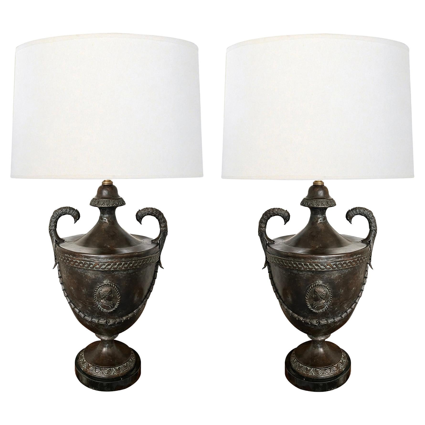 Pair of French Bronzed-metal Louis XVI Style Urns as Lamps For Sale
