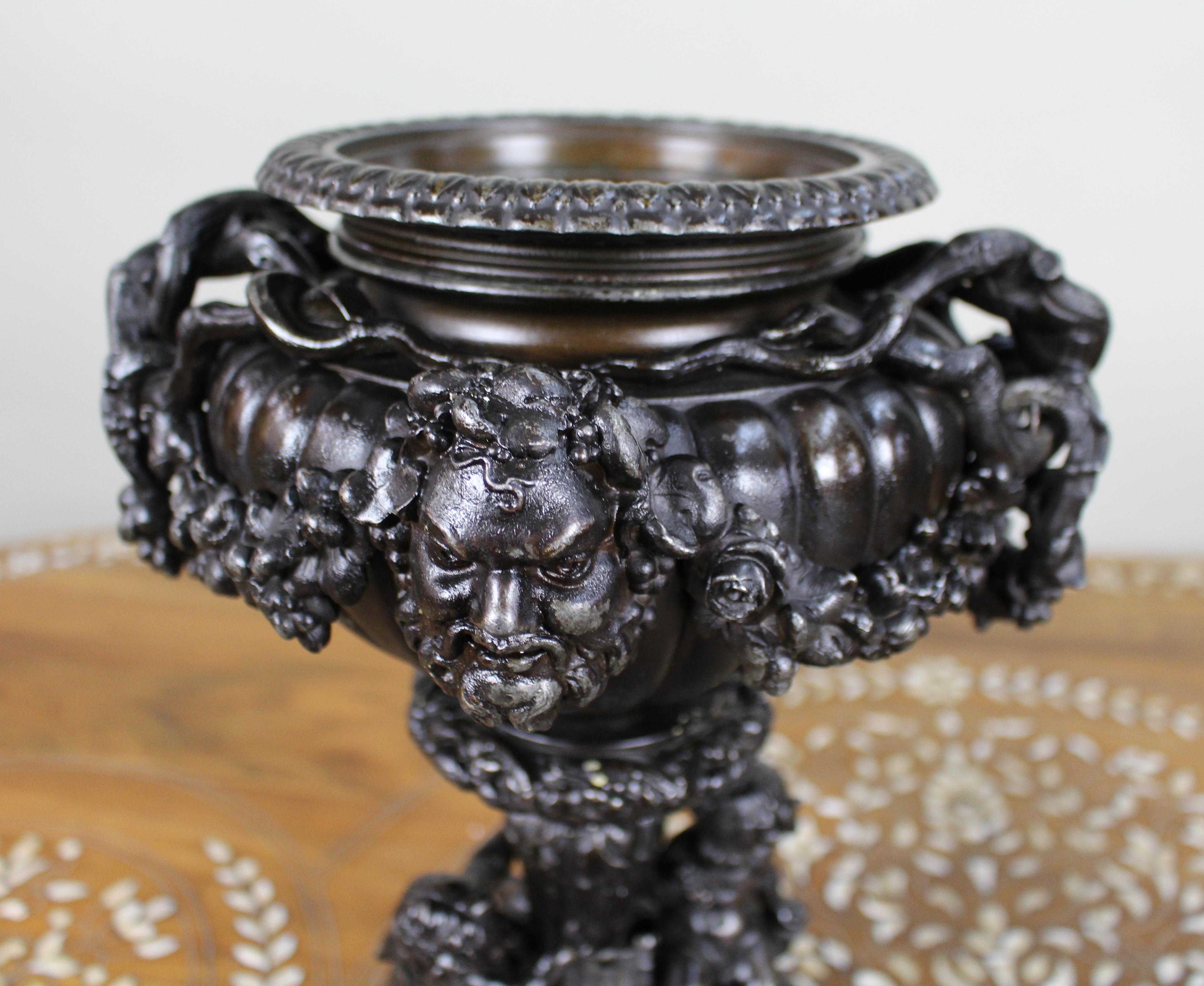 Pair of French Bronzed Spelter Urns with Bacchic Masks and Putti, Circa 1880 For Sale 9