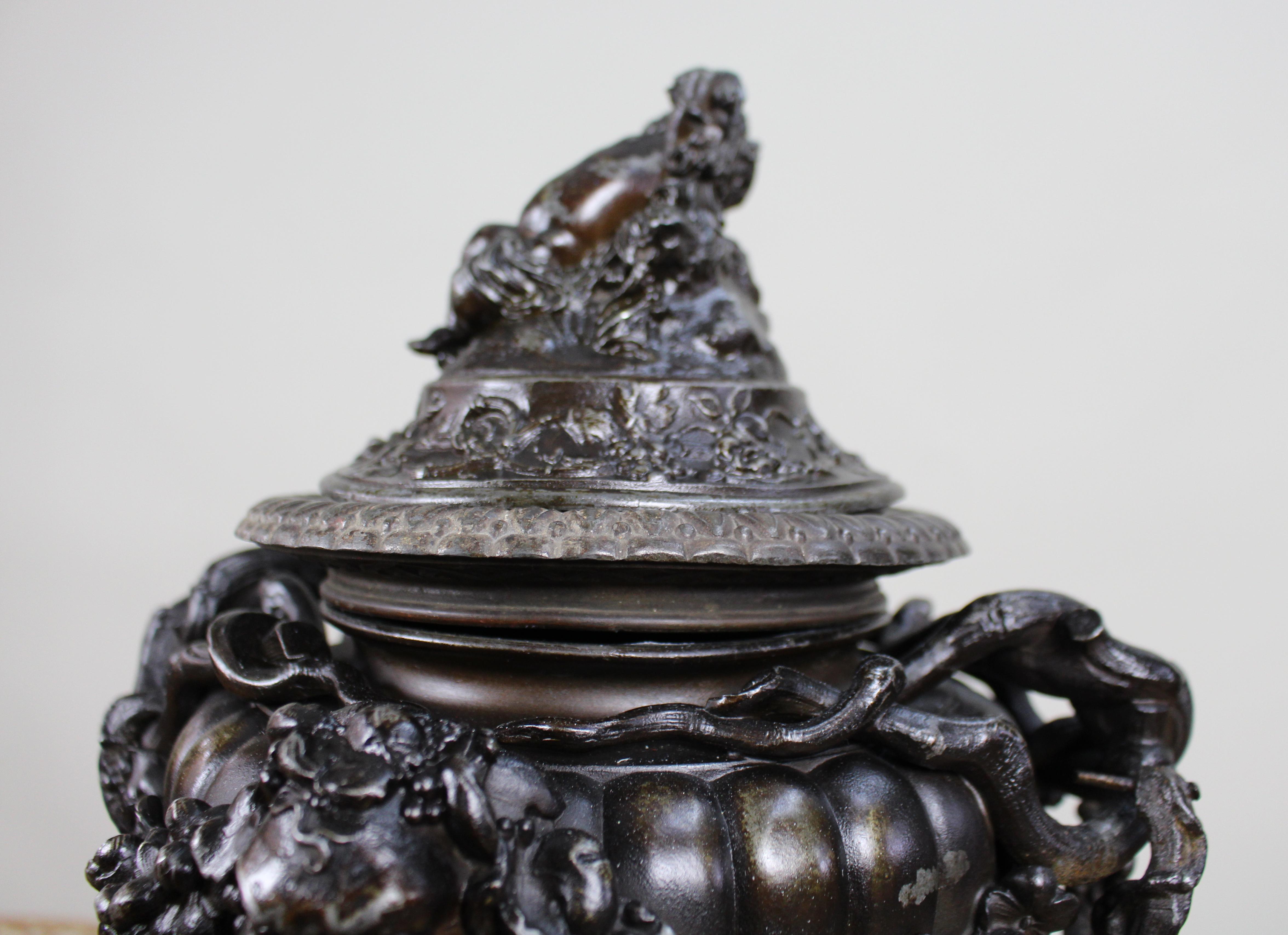 Pair of French Bronzed Spelter Urns with Bacchic Masks and Putti, Circa 1880 For Sale 16
