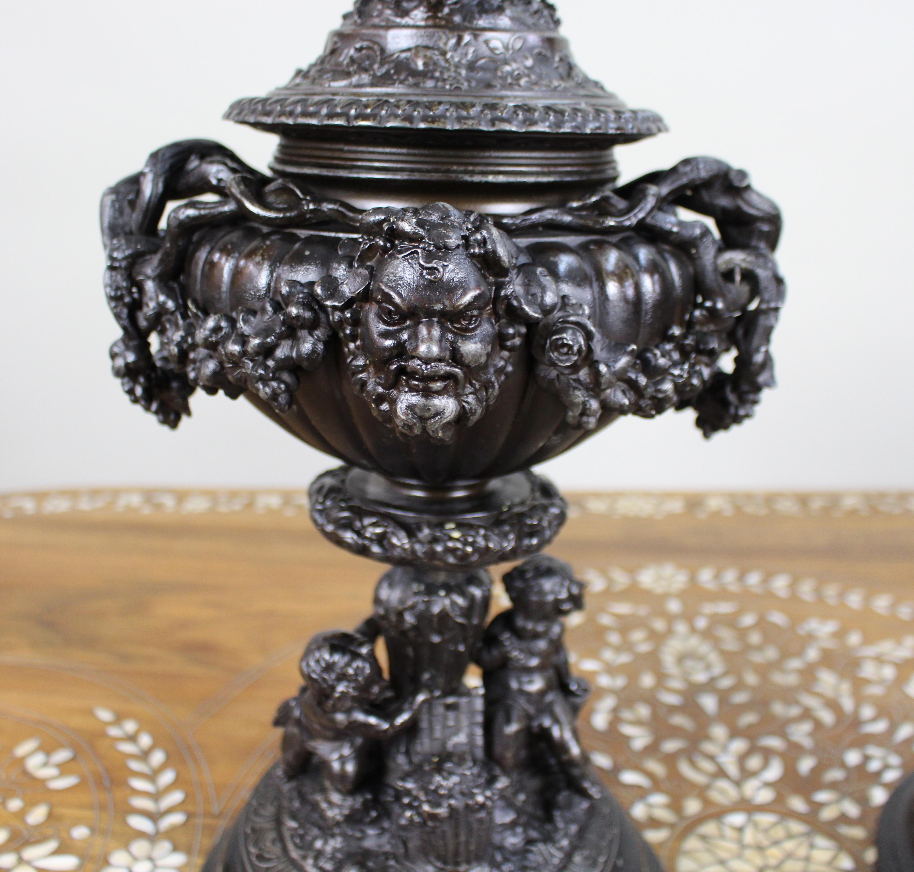 Pair of French Bronzed Spelter Urns with Bacchic Masks and Putti, Circa 1880 For Sale 2