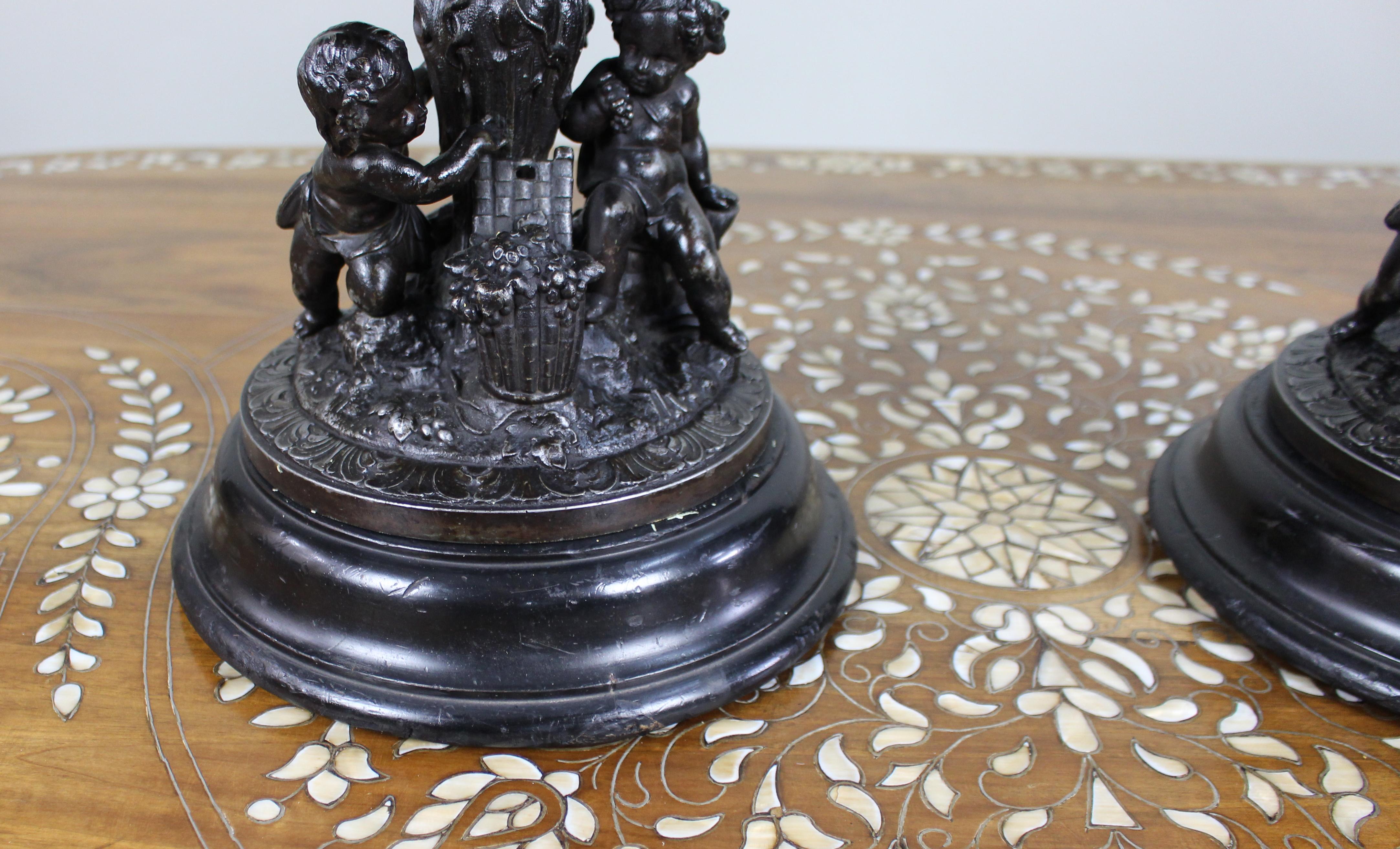 Pair of French Bronzed Spelter Urns with Bacchic Masks and Putti, Circa 1880 For Sale 3