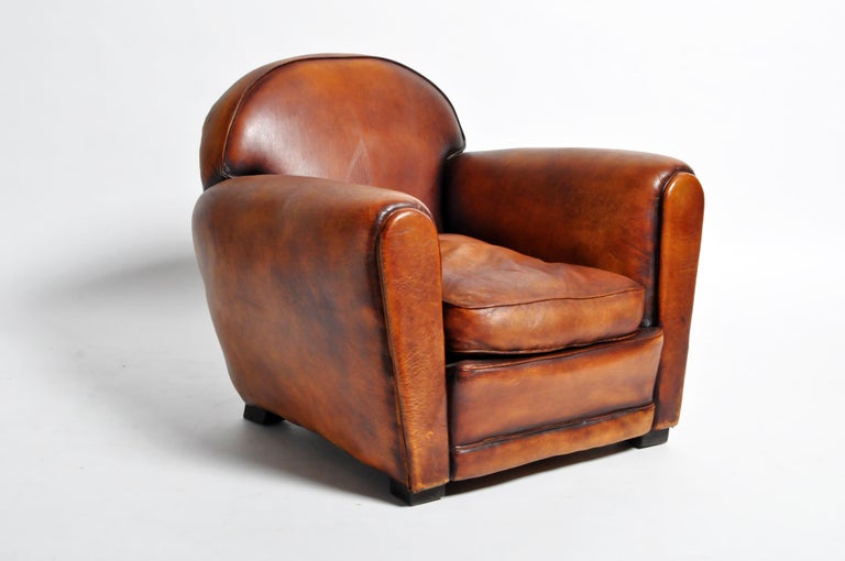 Pair Of French Brown Leather Armchairs With Dark Brown Piping At 1stdibs
