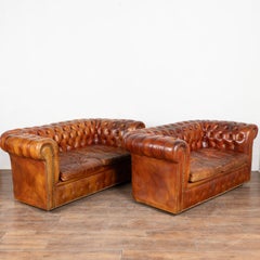 Pair of French Brown Leather Chesterfield Two Seat Loveseat Sofas