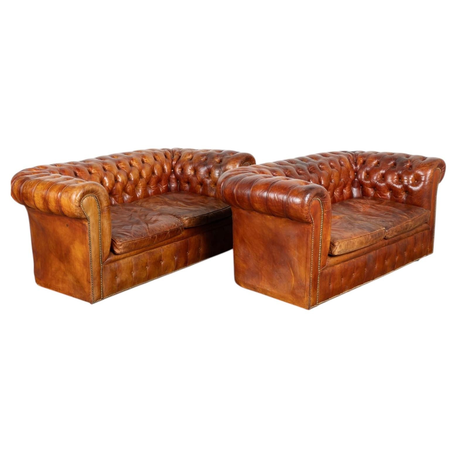 Coppia di divani Chesterfield a due posti in pelle marrone francese