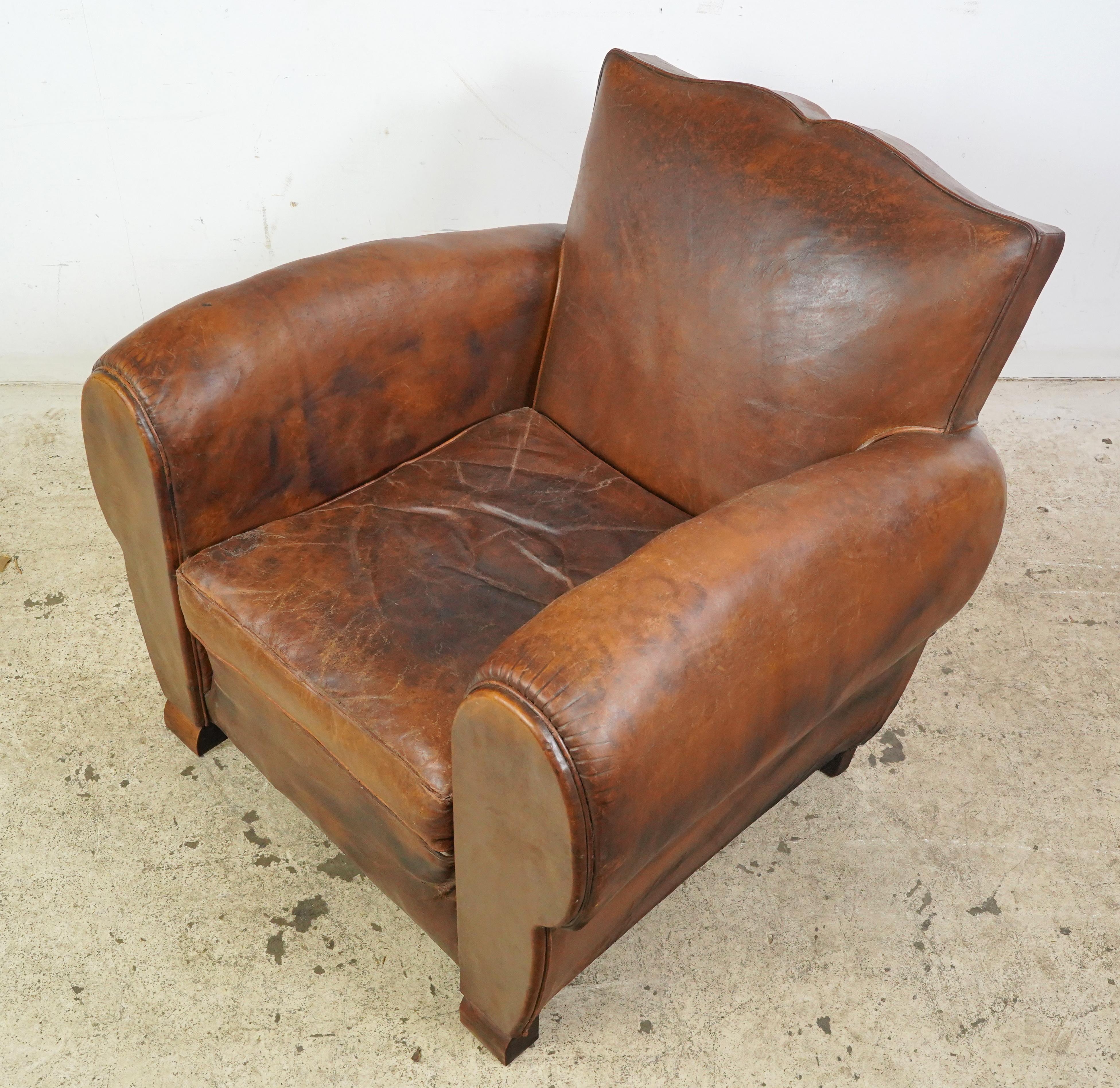 Pair of French Brown Leather Moustache Club Chairs For Sale 5