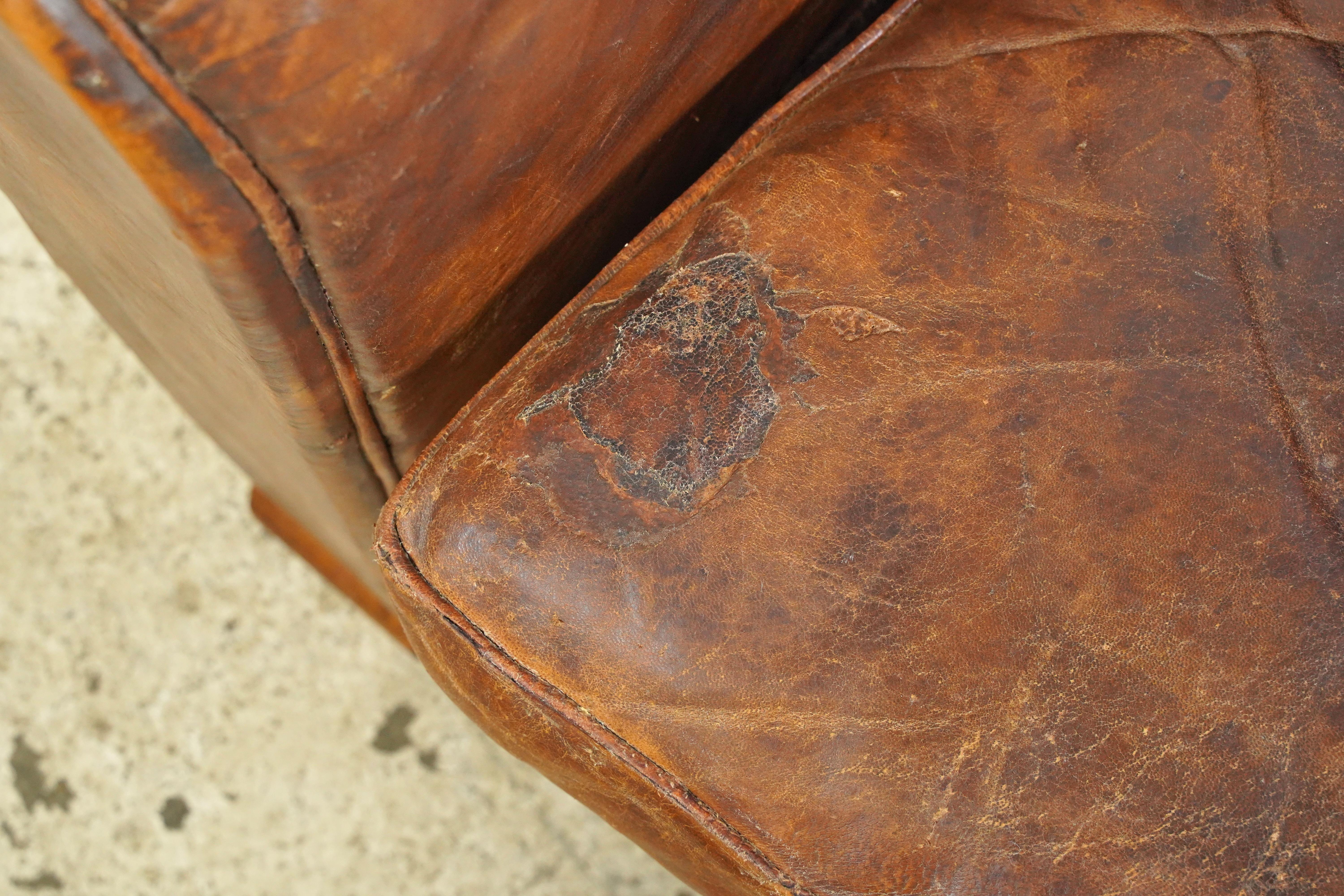 Pair of French Brown Leather Moustache Club Chairs For Sale 6
