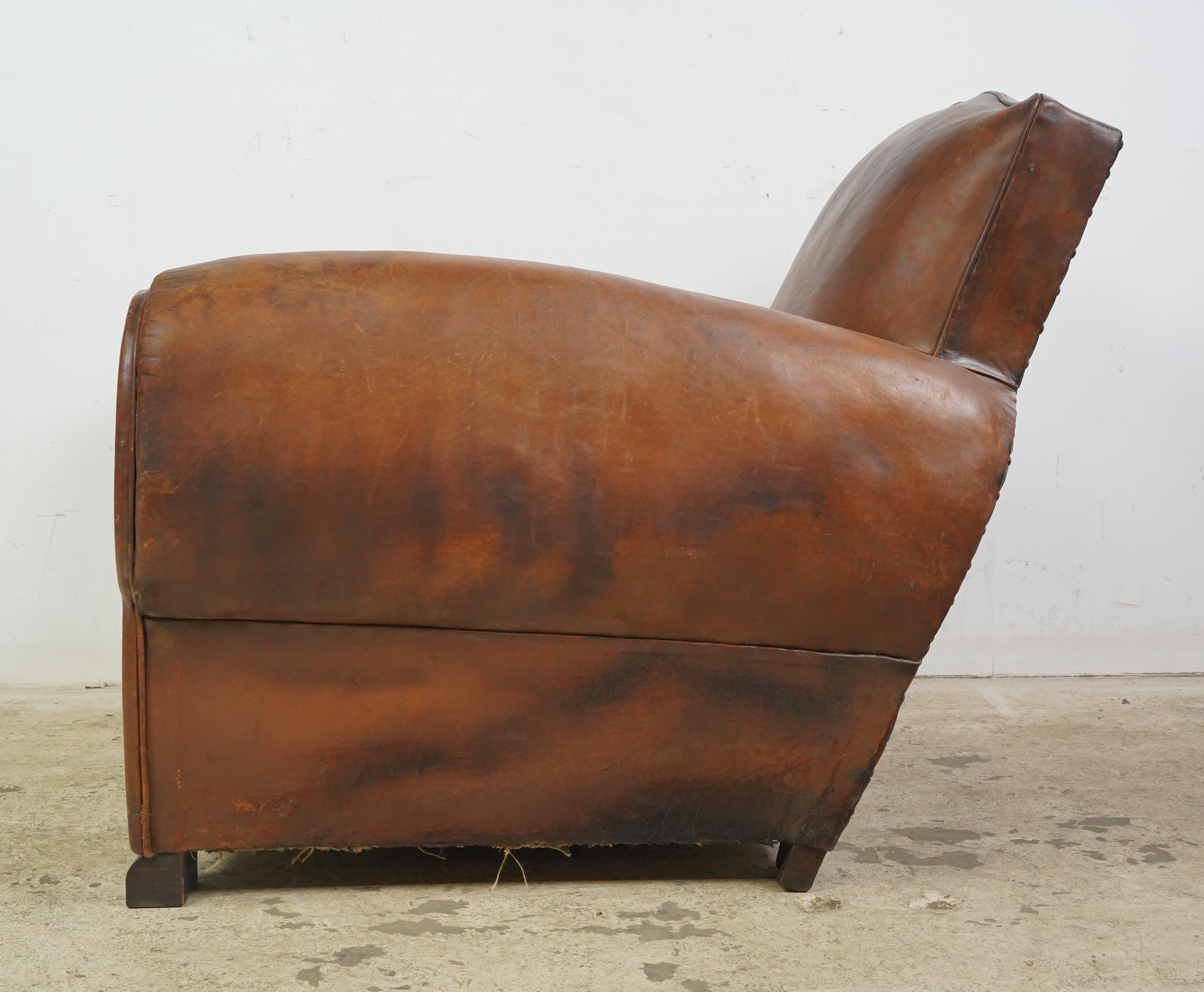 Pair of French Brown Leather Moustache Club Chairs For Sale 7