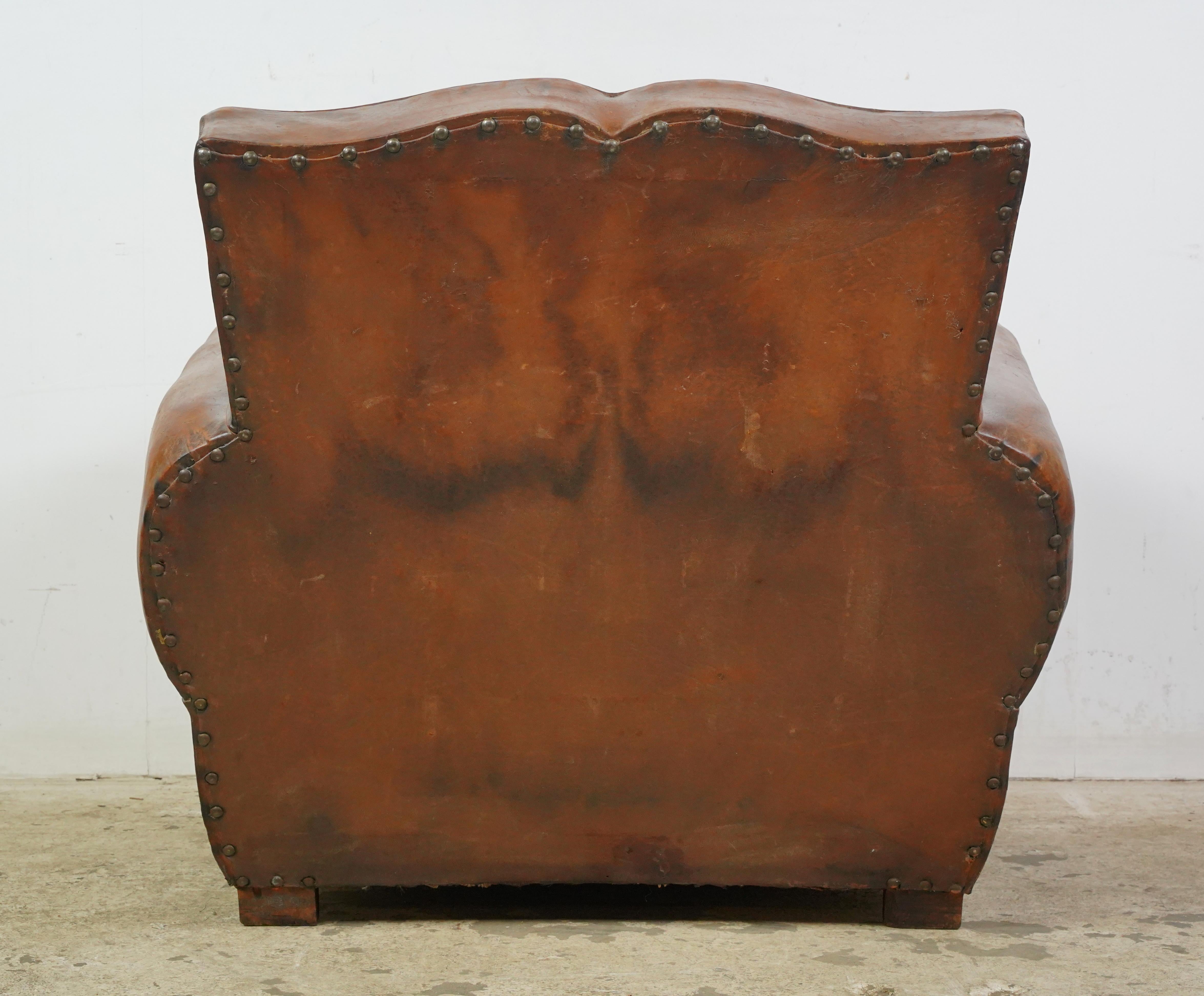 Pair of French Brown Leather Moustache Club Chairs For Sale 9