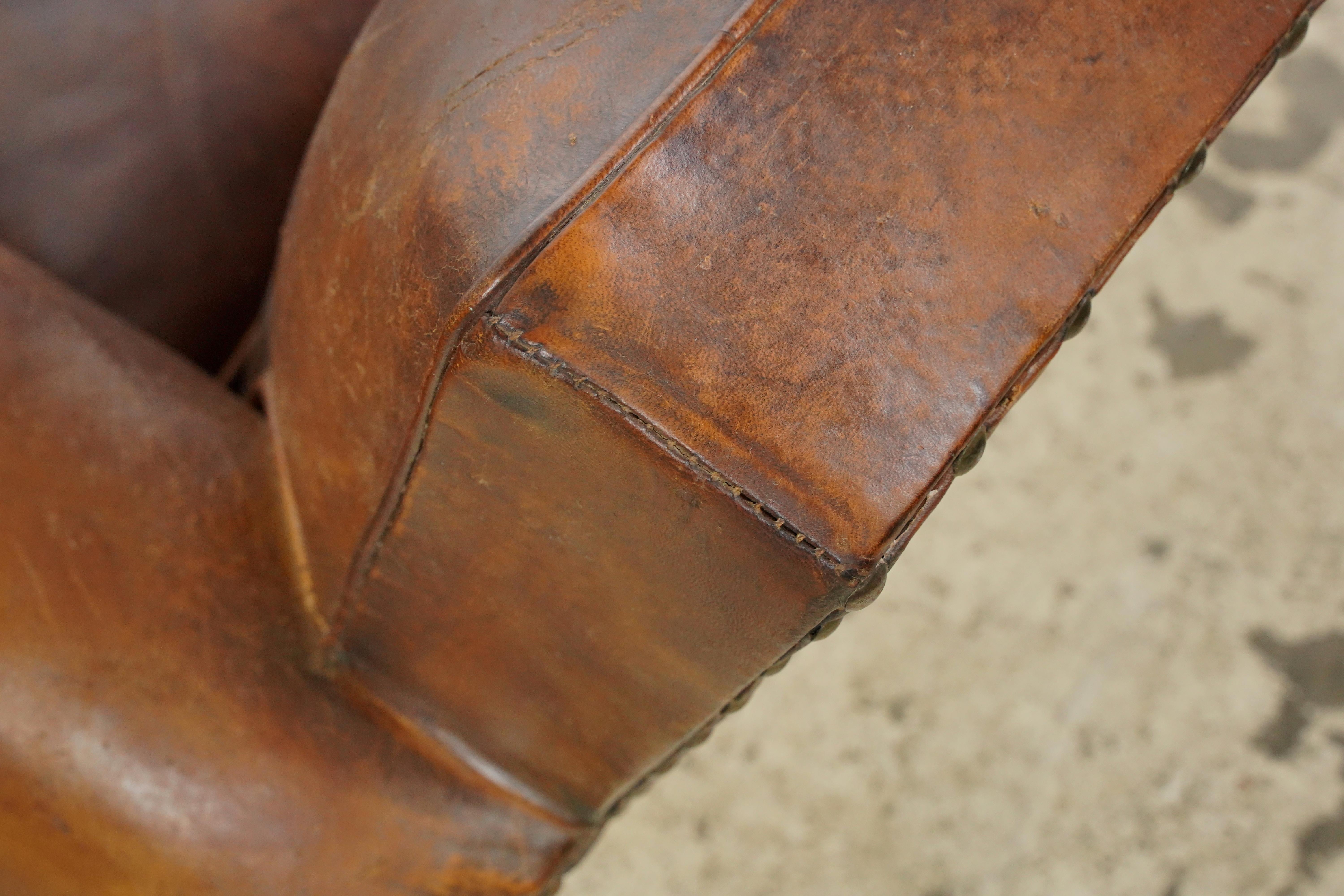 Pair of French Brown Leather Moustache Club Chairs For Sale 10