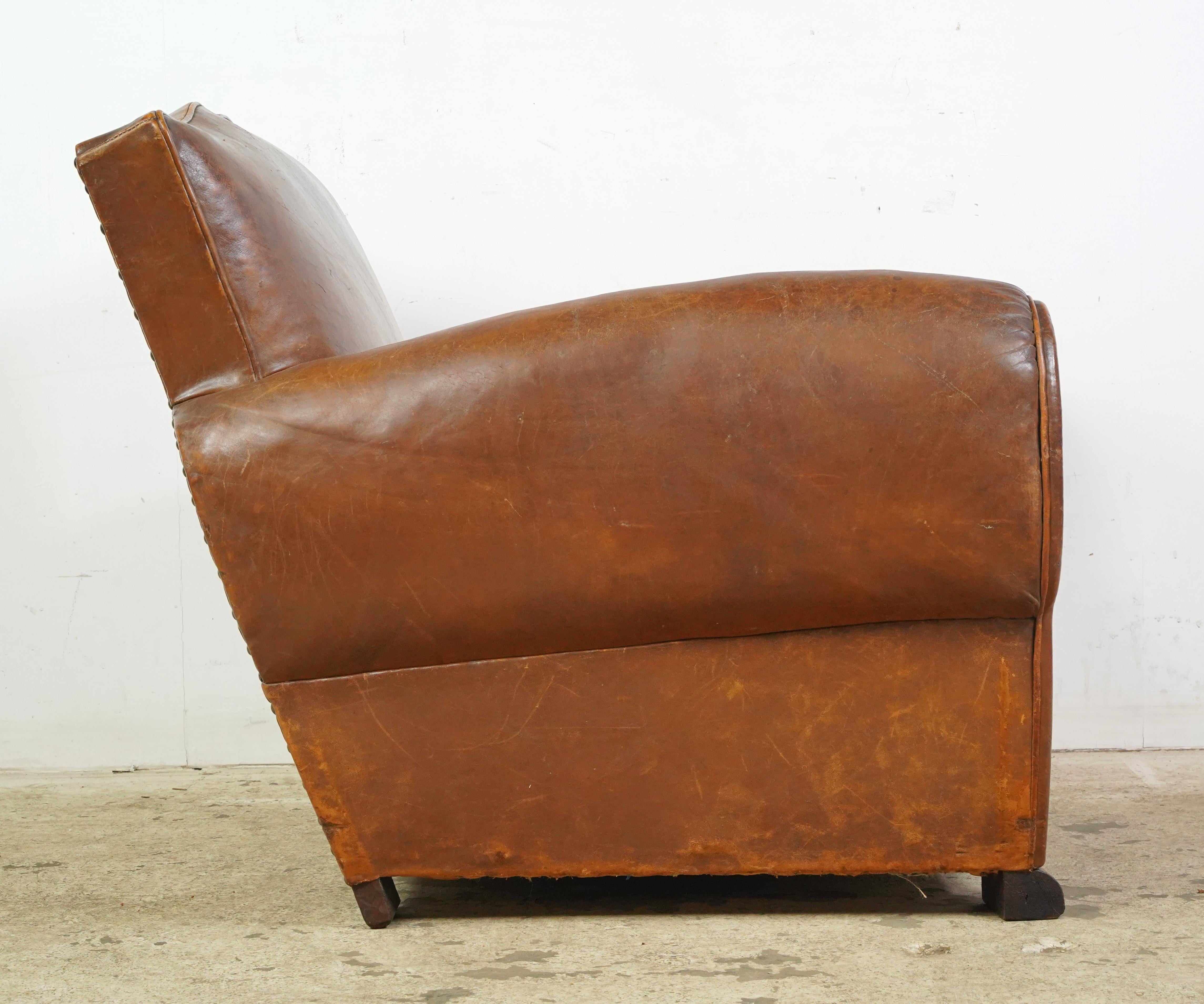 Steel Pair of French Brown Leather Moustache Club Chairs For Sale