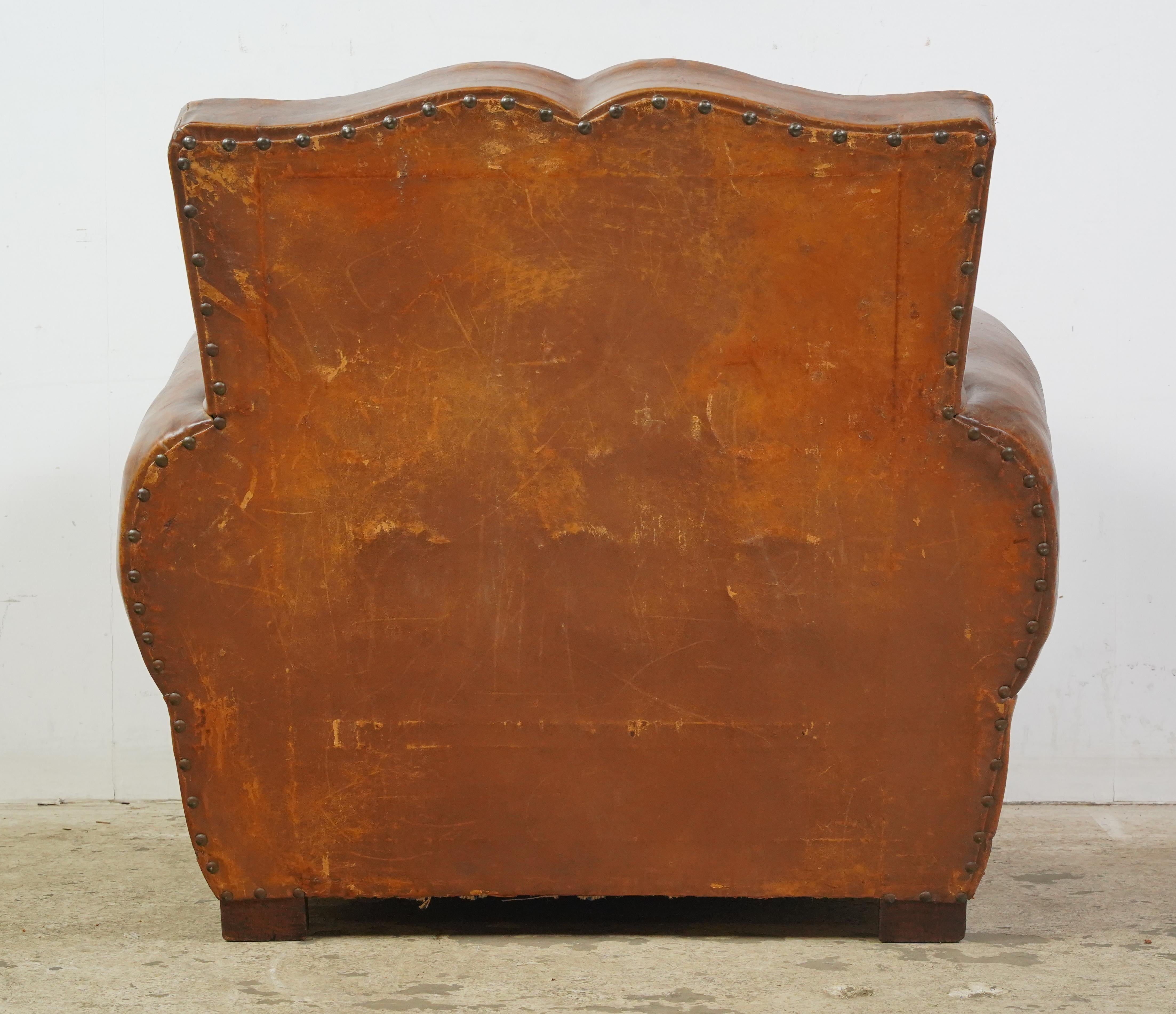 Pair of French Brown Leather Moustache Club Chairs For Sale 1