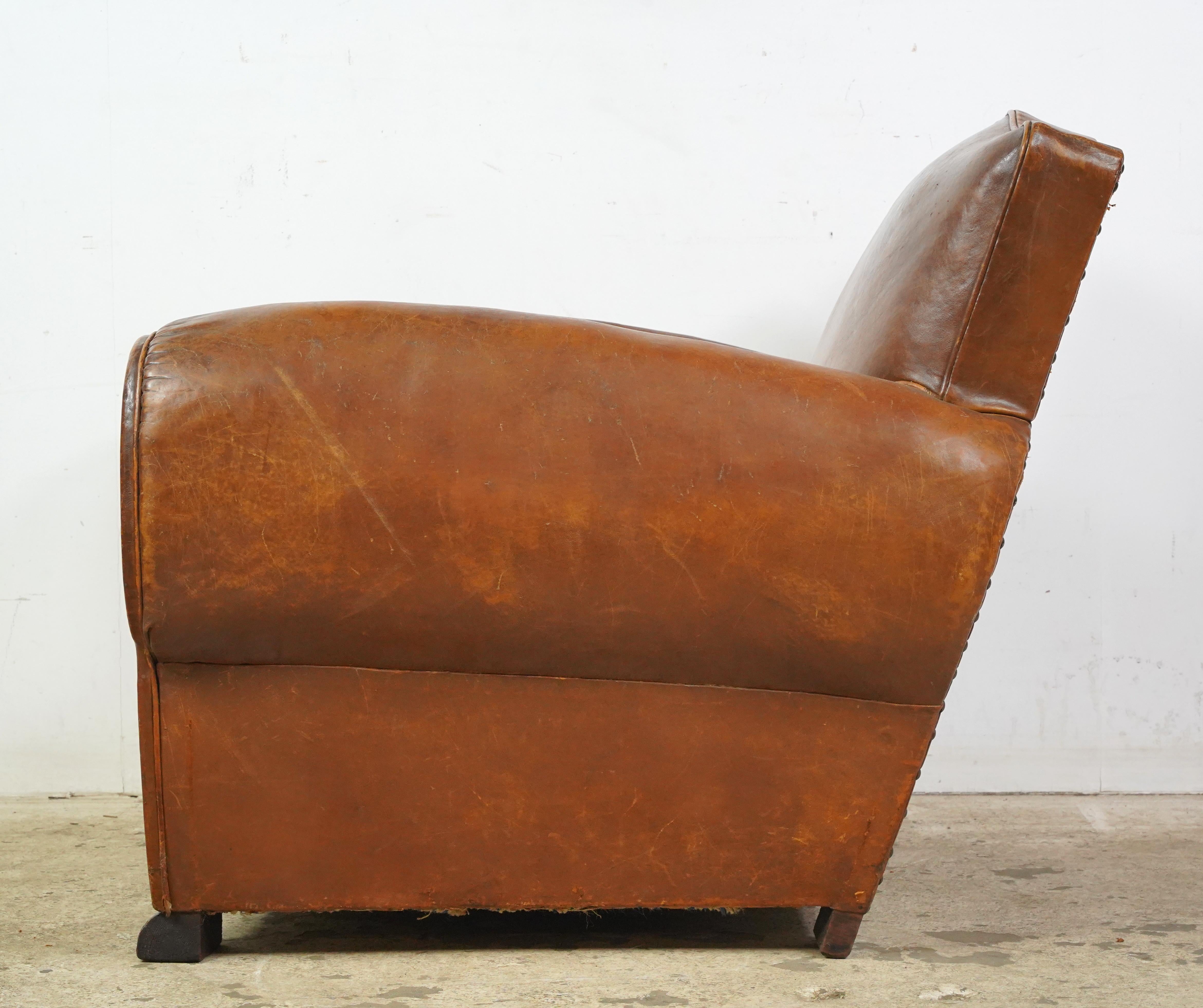 Pair of French Brown Leather Moustache Club Chairs For Sale 2