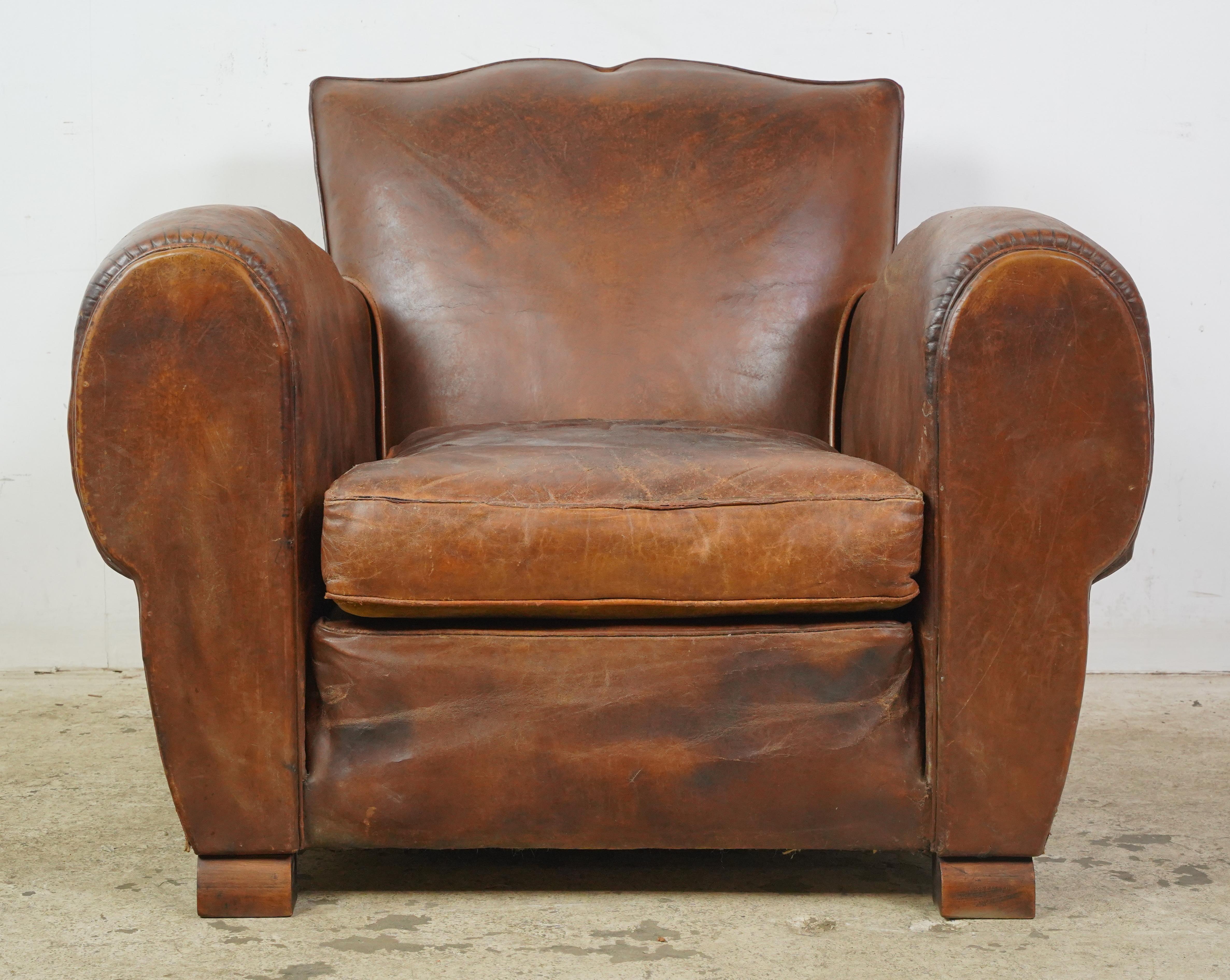 Pair of French Brown Leather Moustache Club Chairs For Sale 3