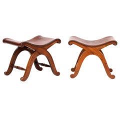 Pair of French Brown Leather Stools by Pierre Lottier for Valenti, circa 1940