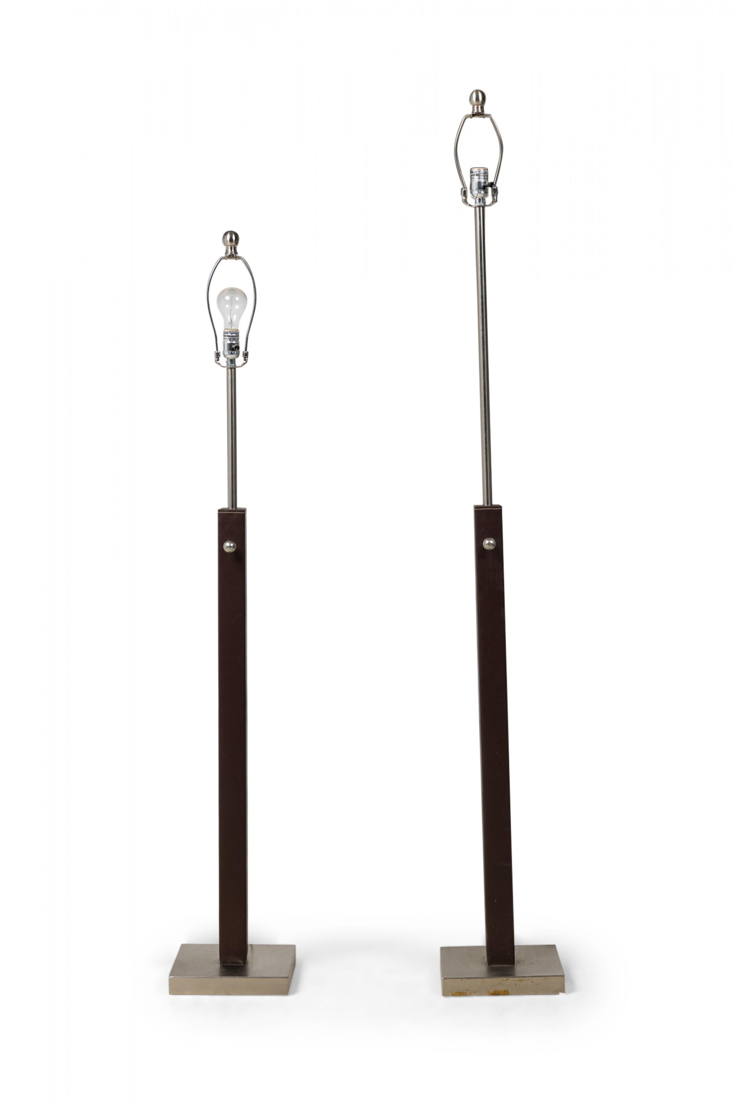 Pair of French Brown Stitched Leather Floor Lamps 'Manner of Jacques Adnet' In Good Condition For Sale In New York, NY