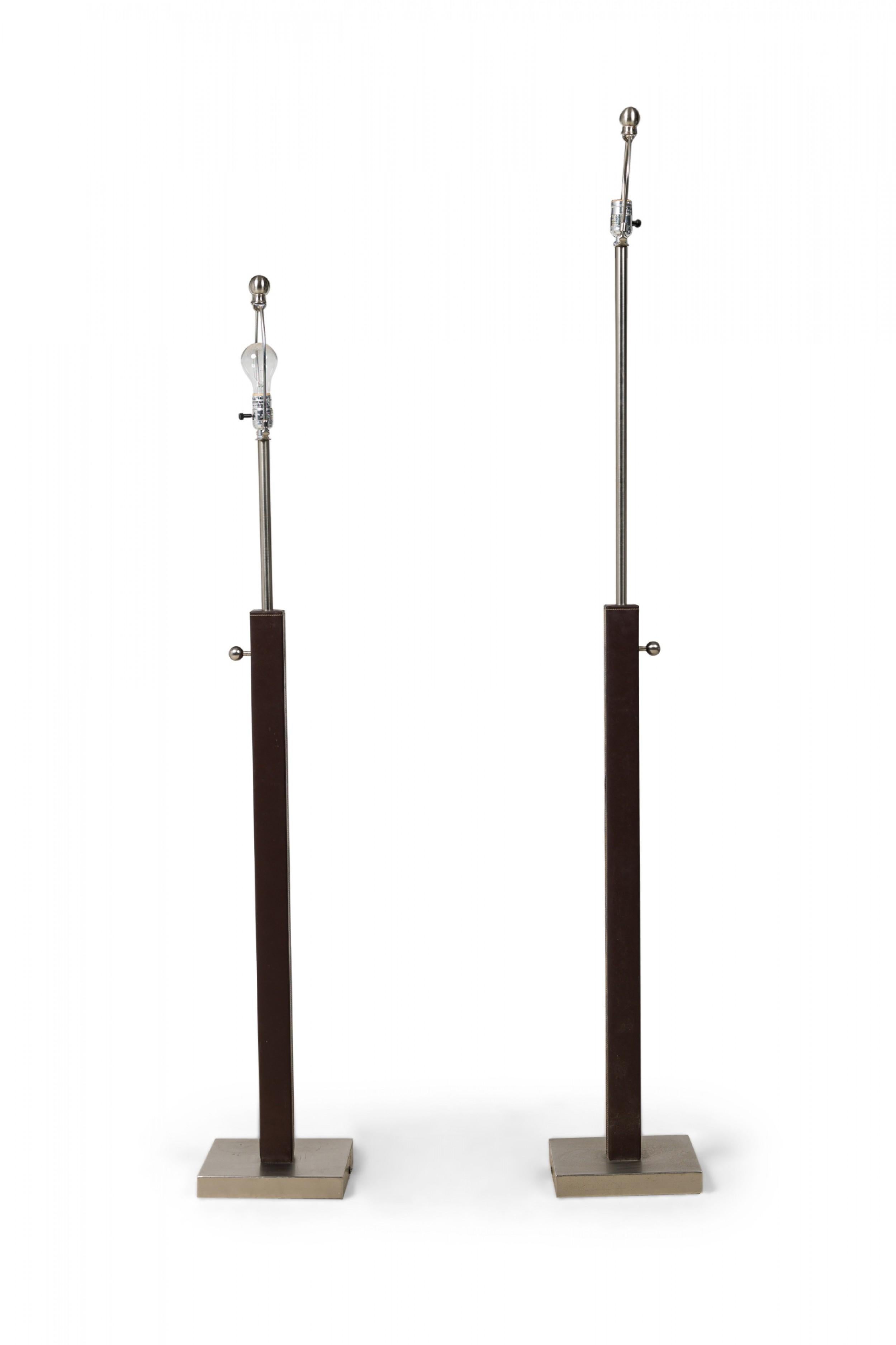 20th Century Pair of French Brown Stitched Leather Floor Lamps 'Manner of Jacques Adnet' For Sale