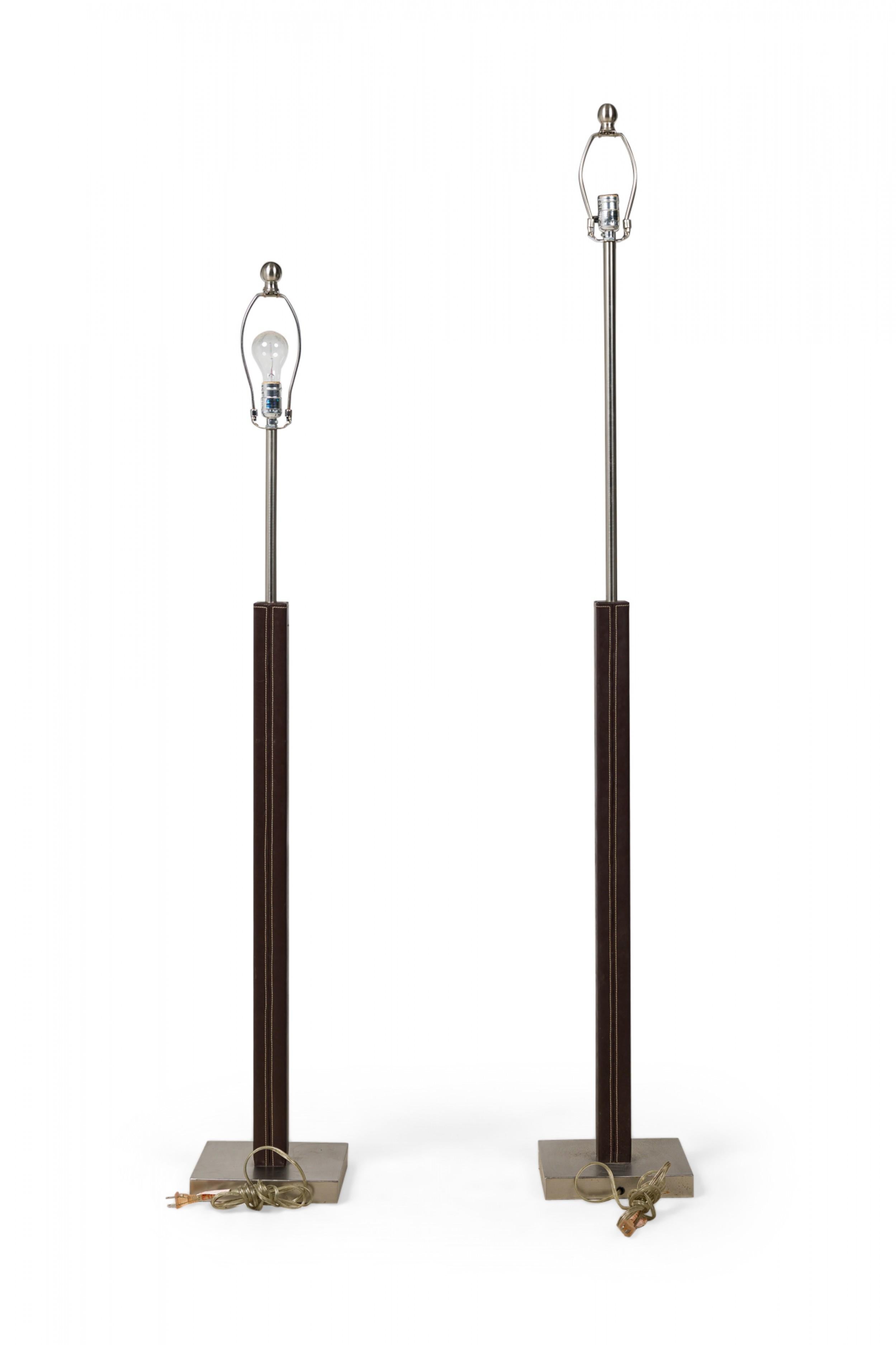 Metal Pair of French Brown Stitched Leather Floor Lamps 'Manner of Jacques Adnet' For Sale