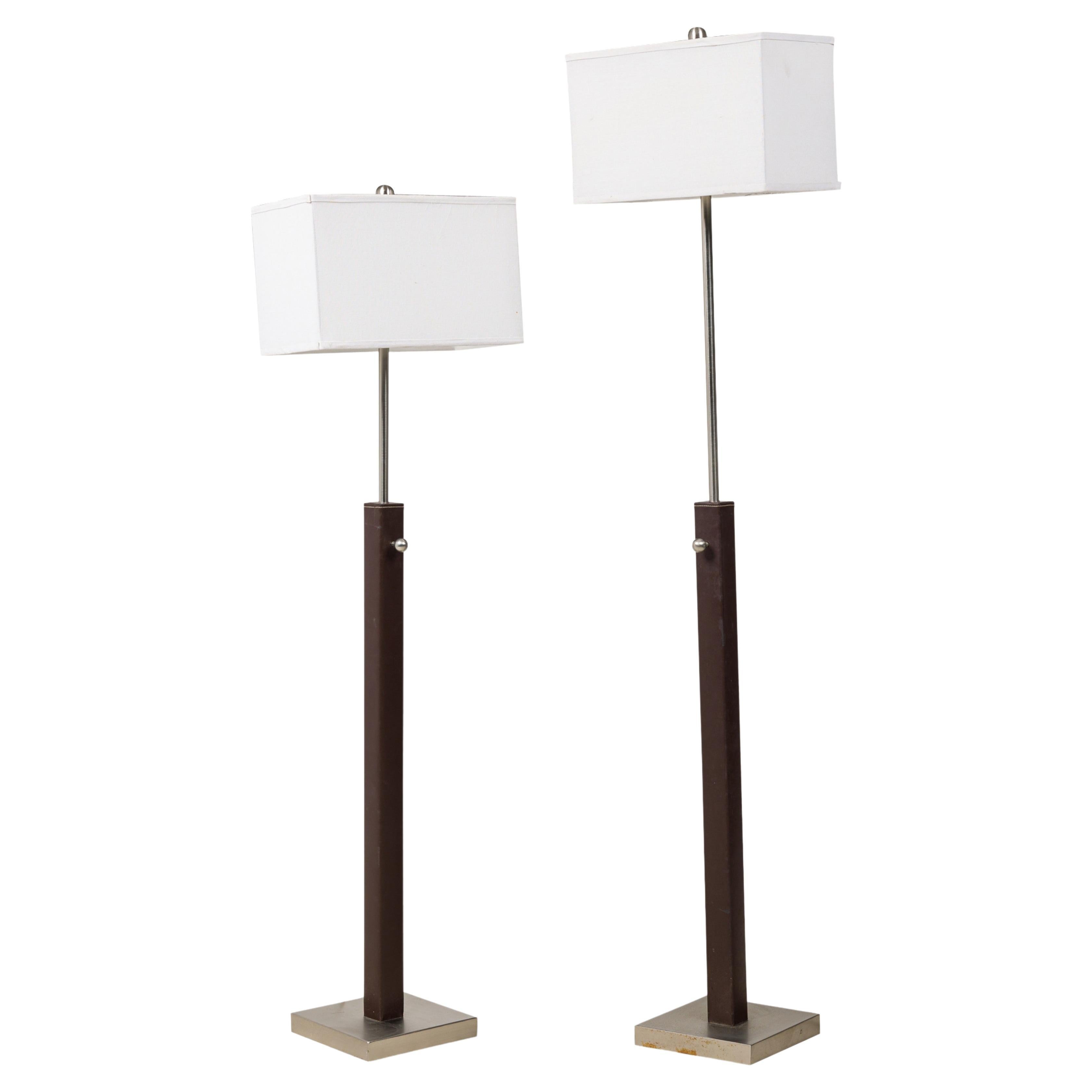 Pair of French Brown Stitched Leather Floor Lamps 'Manner of Jacques Adnet' For Sale