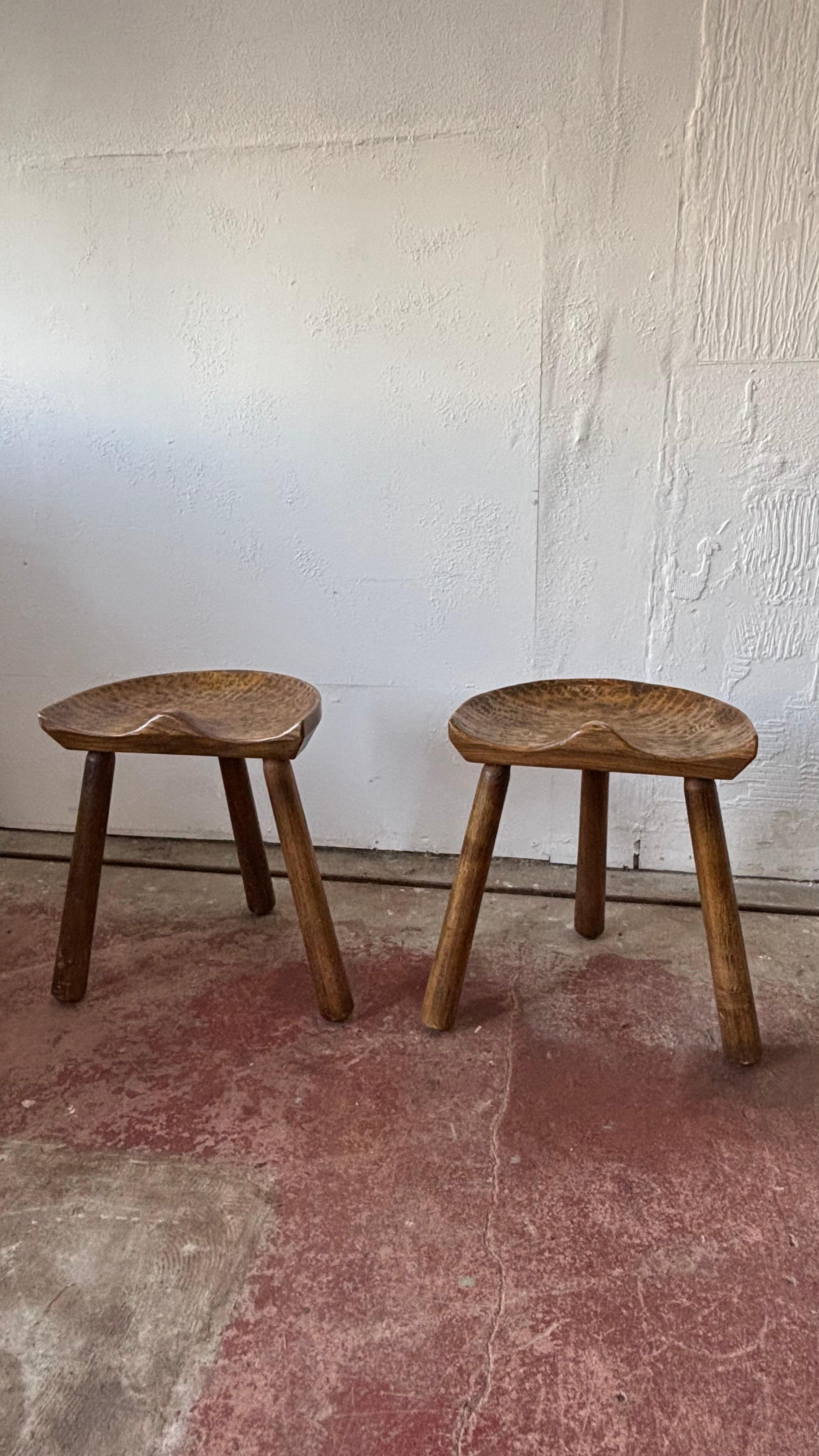 Pair of French Brutalist Artisan Made Three Legged Stools In Good Condition For Sale In Sherborne, GB