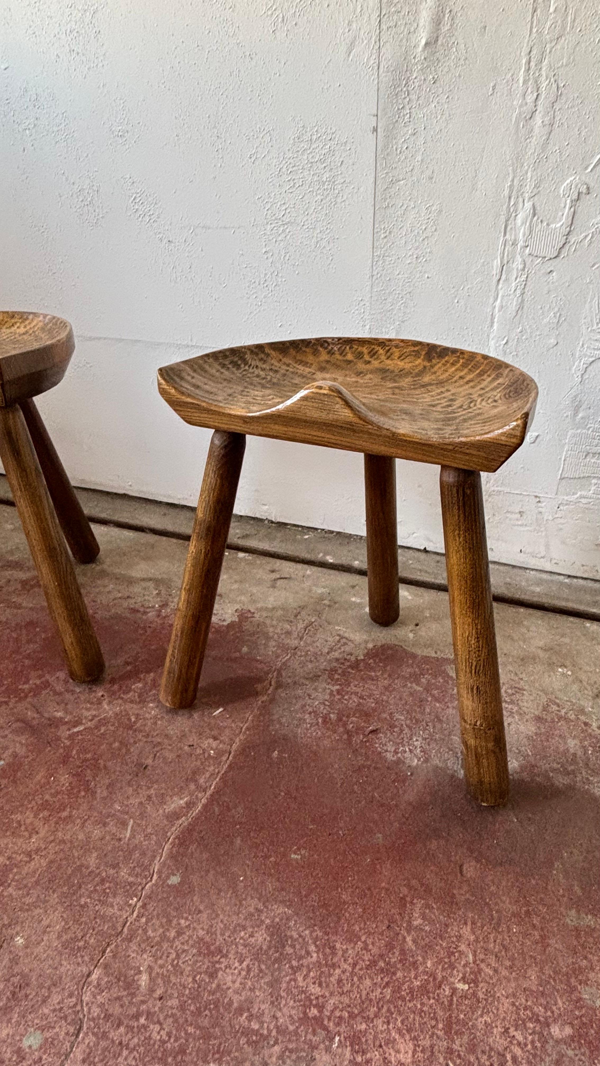 Late 20th Century Pair of French Brutalist Artisan Made Three Legged Stools For Sale